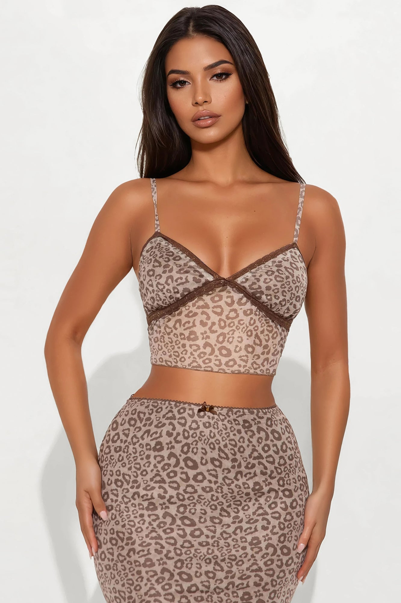 Rya leopard Mesh Cami And Midi Skirt Set - Brown/combo
