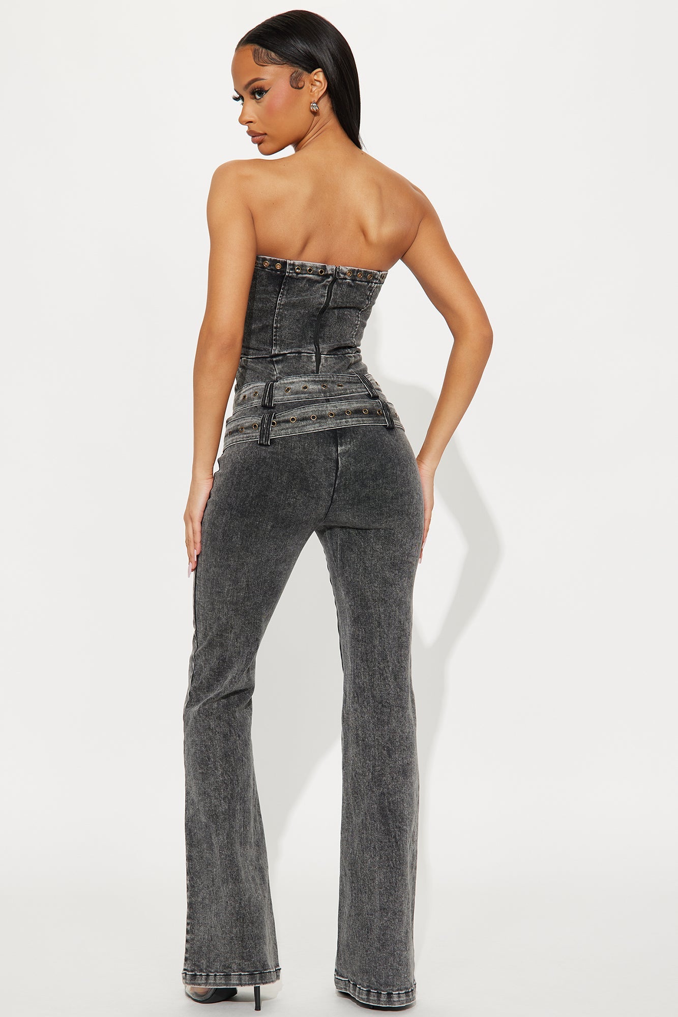 Frankie Washed Denim Flare Leg Jumpsuit - Black