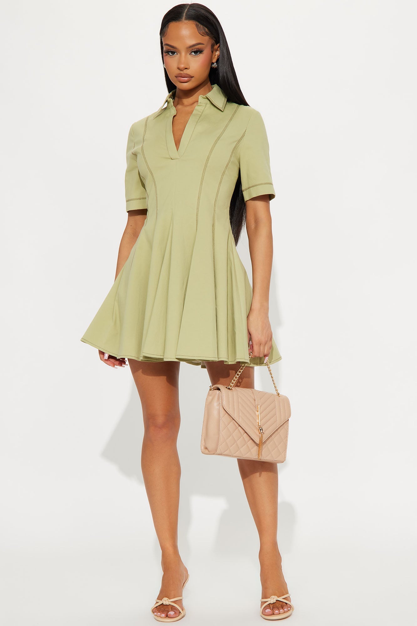 Prim Collared Mini Dress - Olive