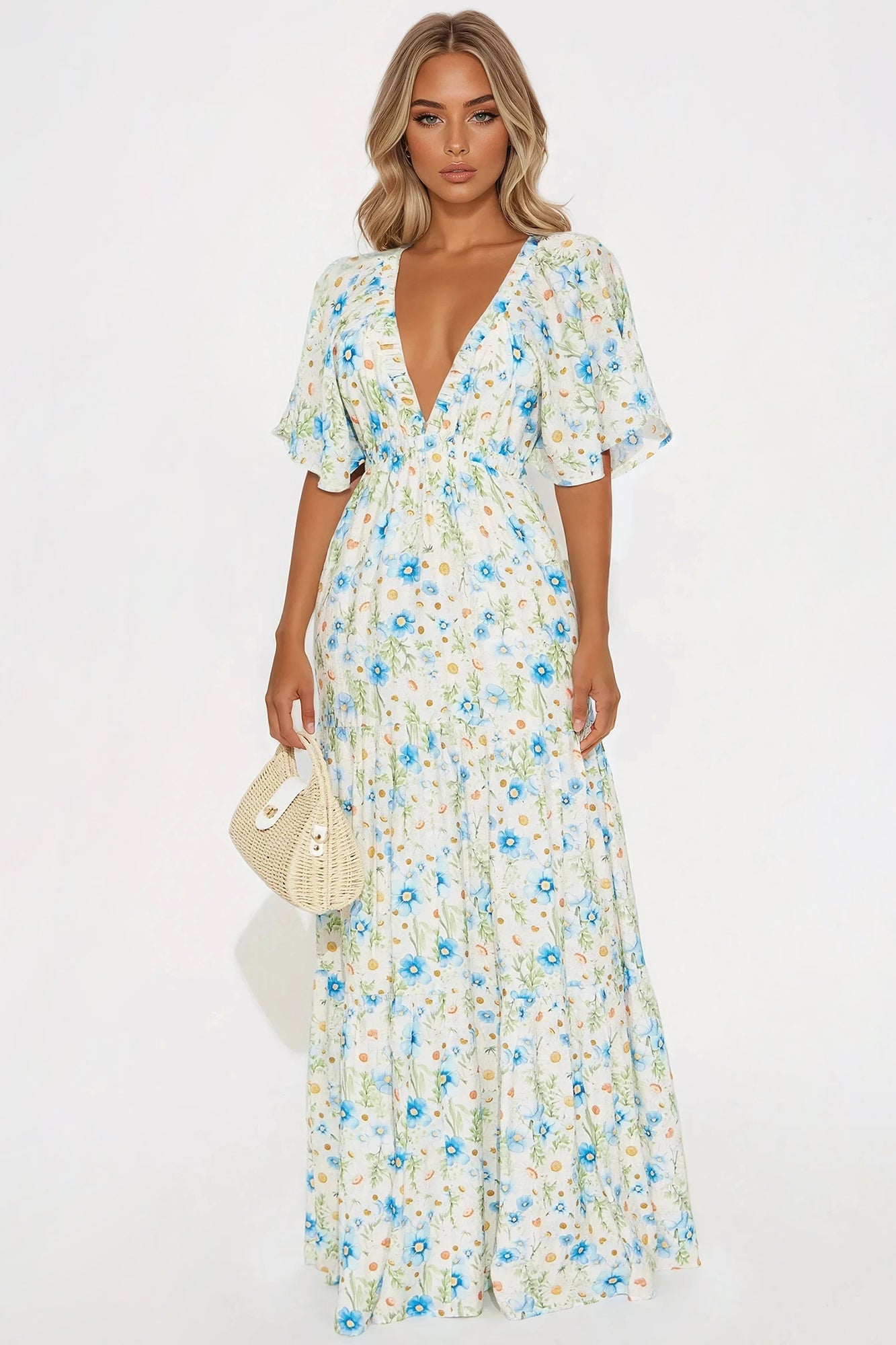 Michelle Floral Challis Maxi Dress - Blue/combo