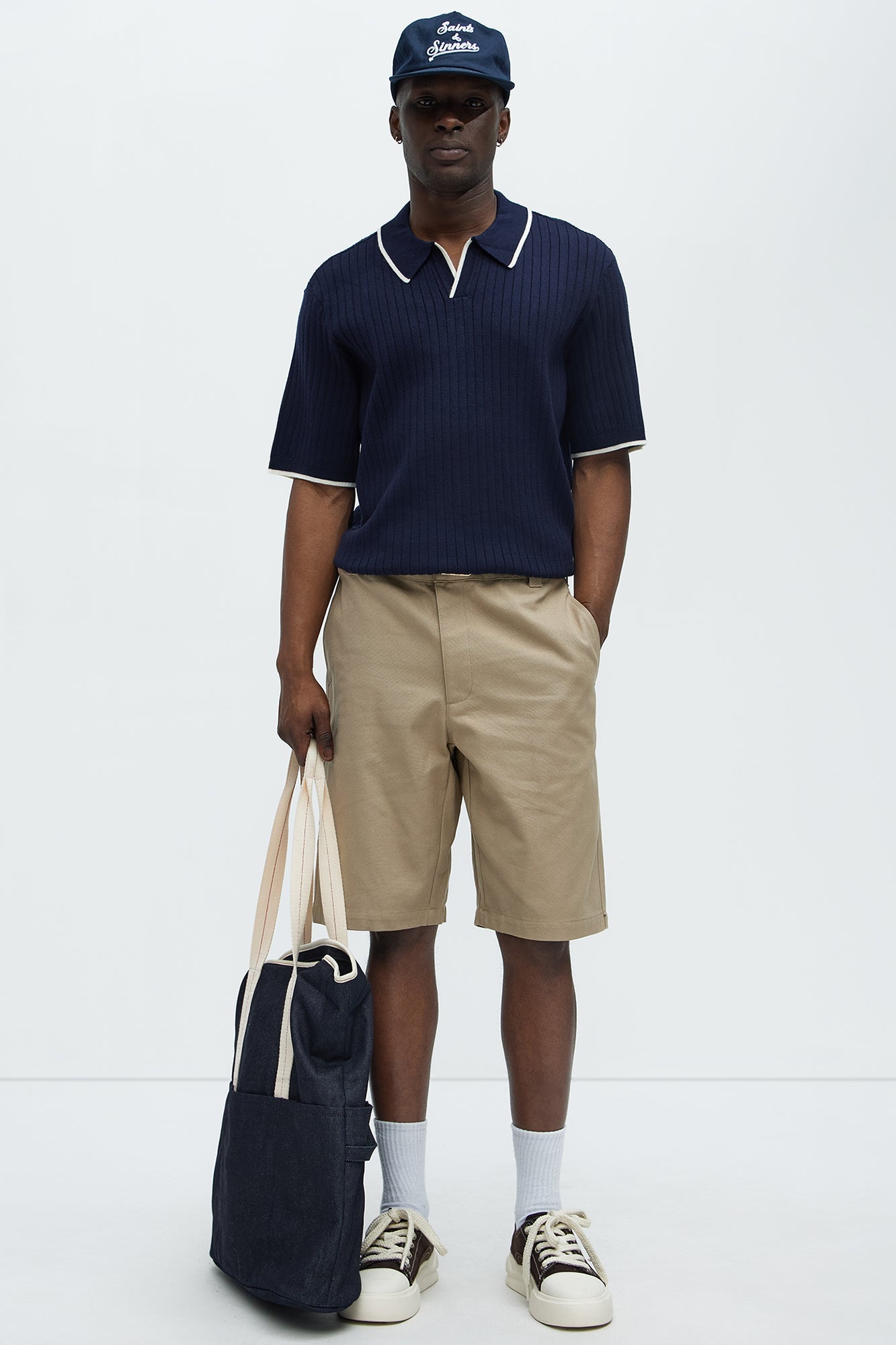 Garrison Knitted Johnny Collar Short Sleeve Polo - Navy/combo