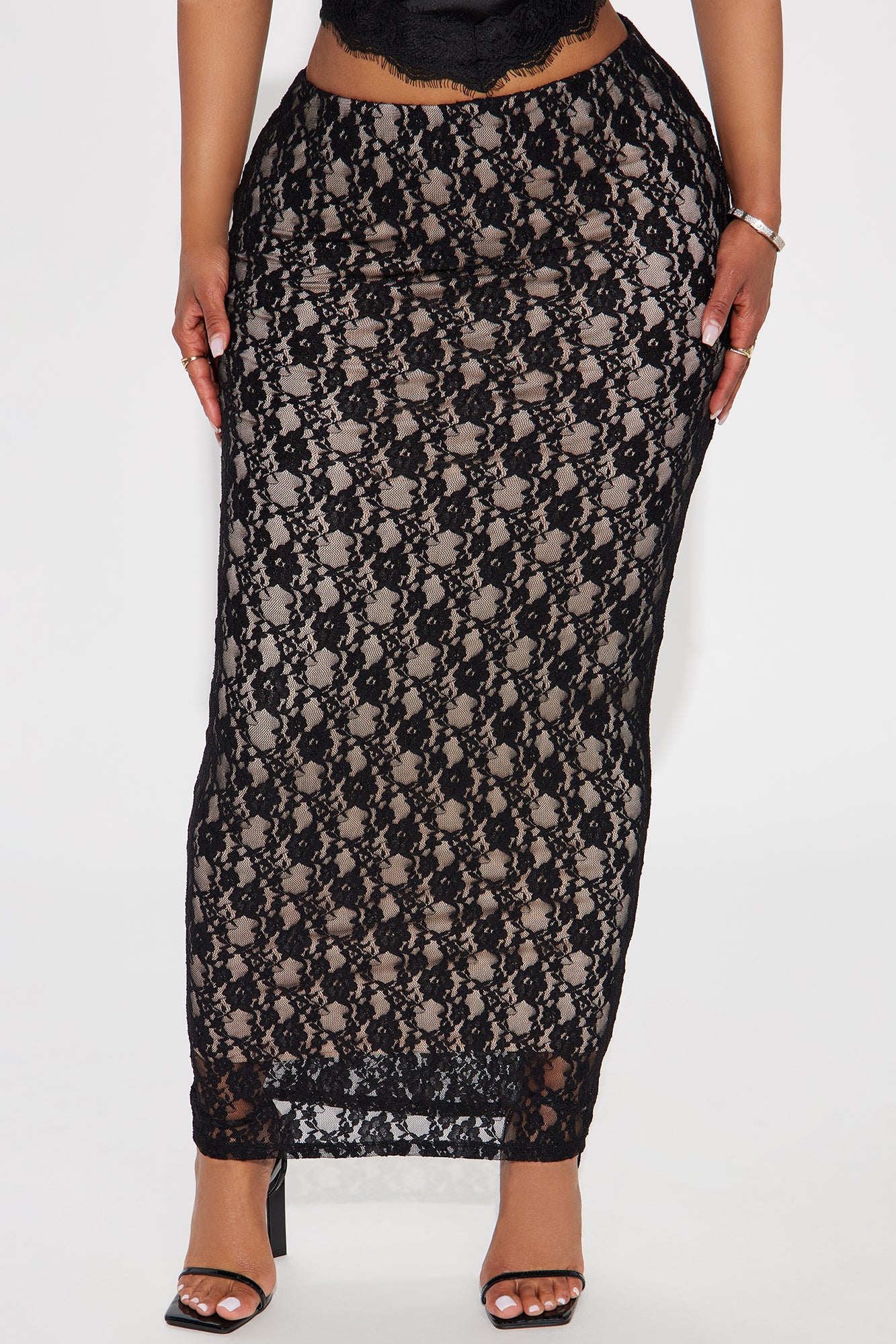 Victoria High Rise Lace Bodycon Maxi Skirt - Black