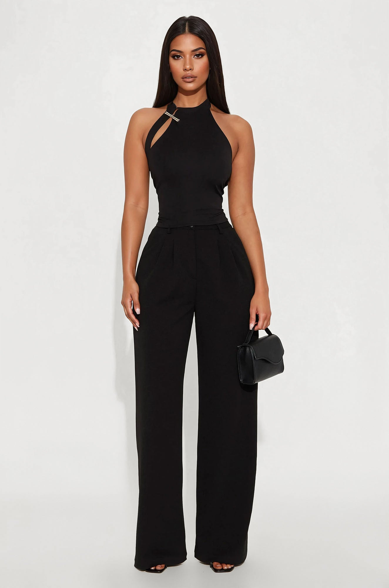 Thriving Business Mock Neck Halter Top - Black