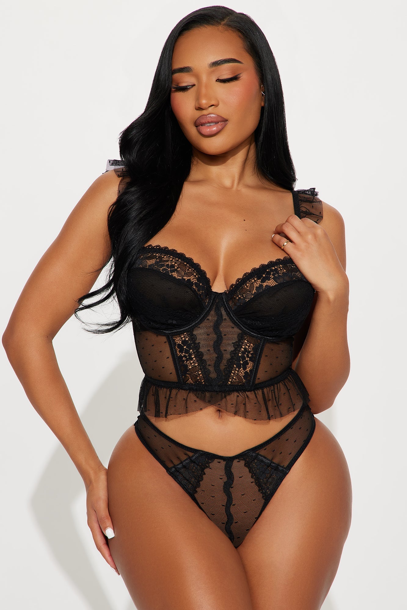 Forever Mine Mesh Bustier And Panty 2 Piece Set - Black