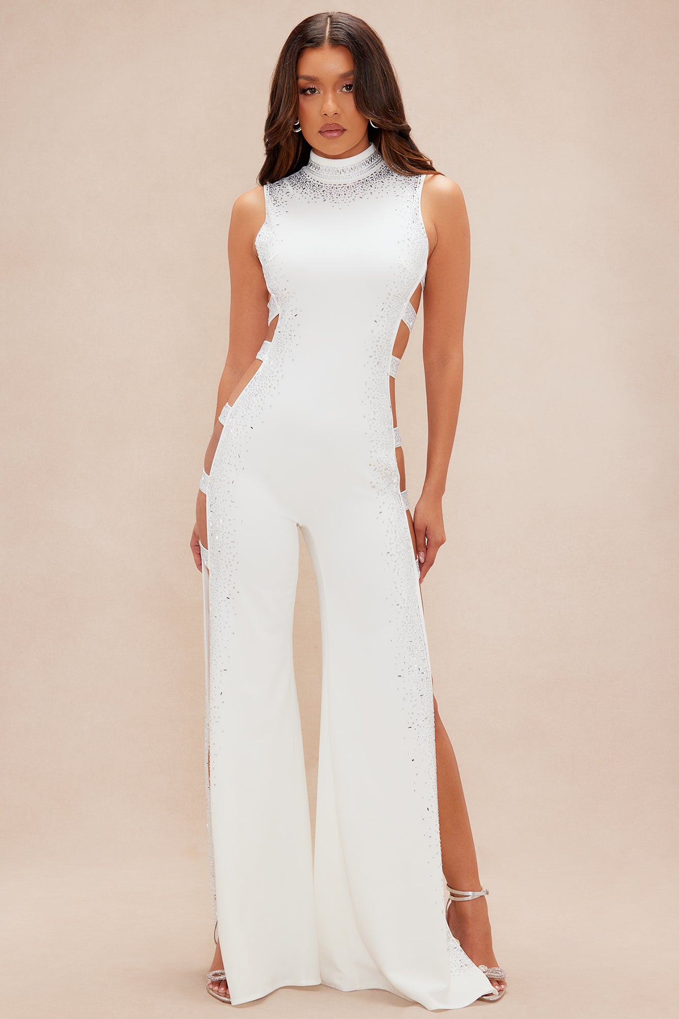 Heather Embellished Wide Leg Jumpsuit - White