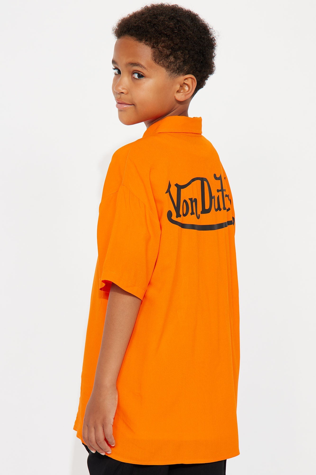 Mini Von Dutch Front And Back Graphic Short Sleeve Button Up Shirt - Orange