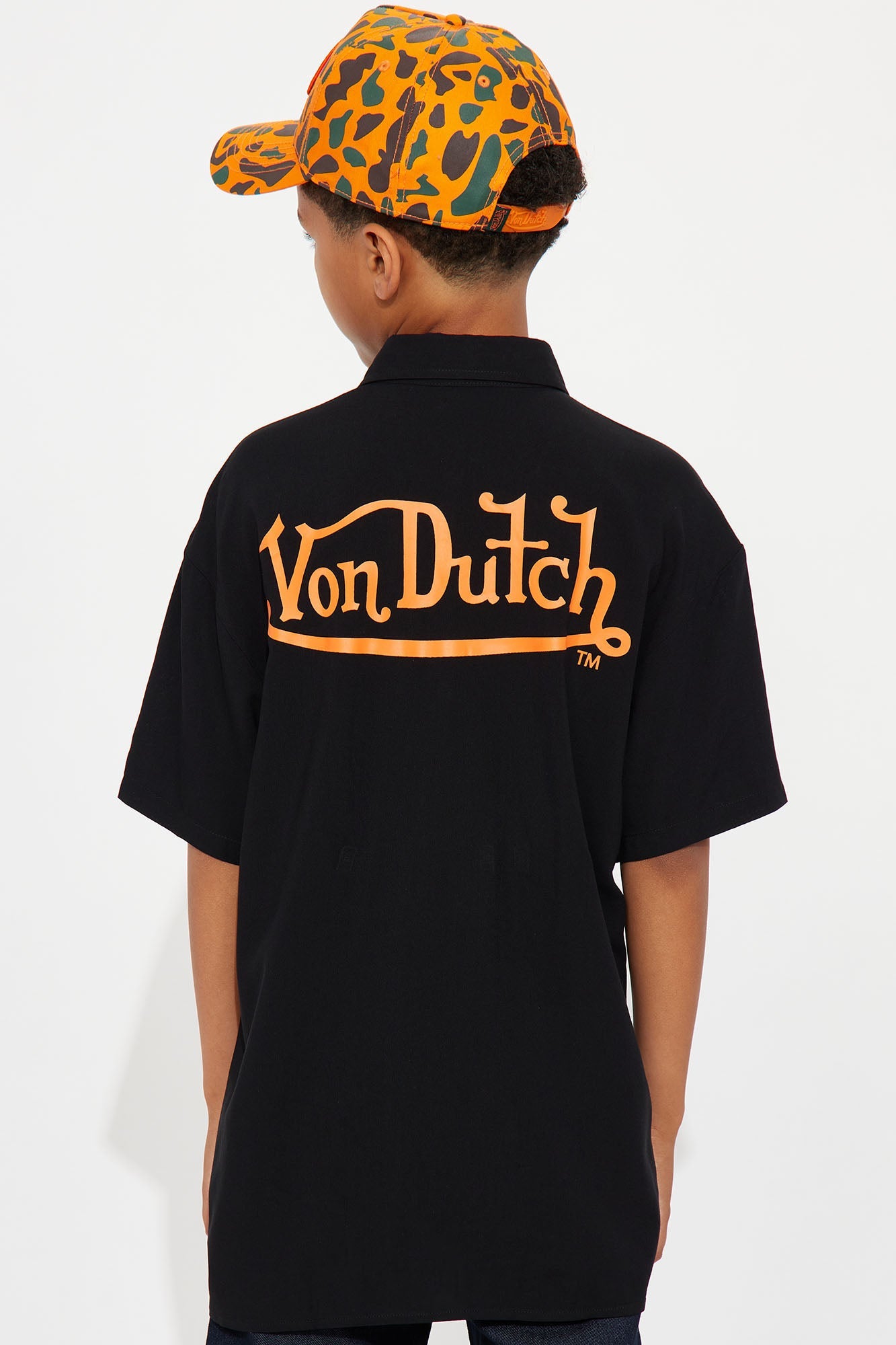 Mini Von Dutch Front And Back Graphic Short Sleeve Button Up Shirt - Black