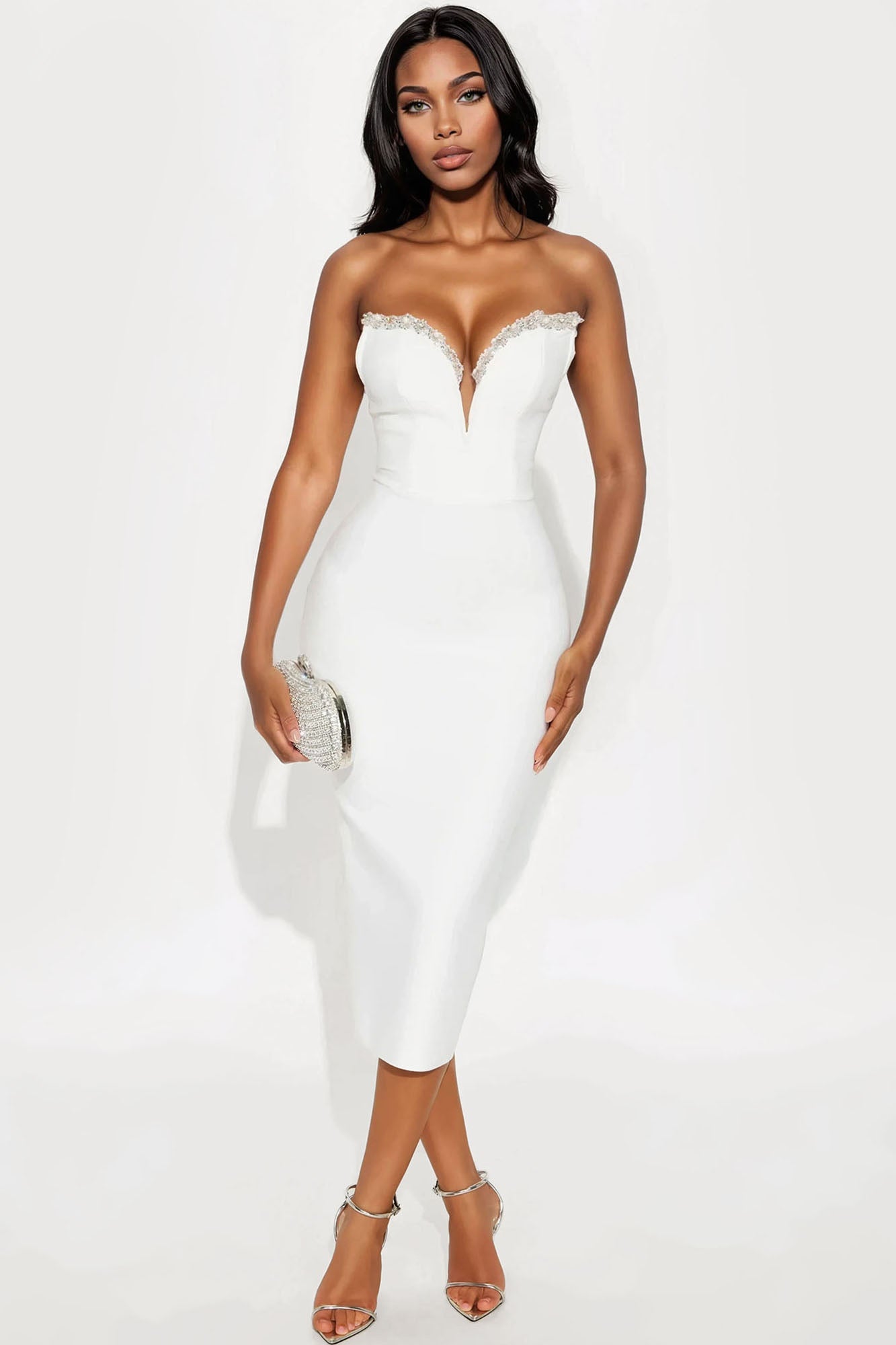 Best Dressed Rhinestone Bandage Midi Dress - White