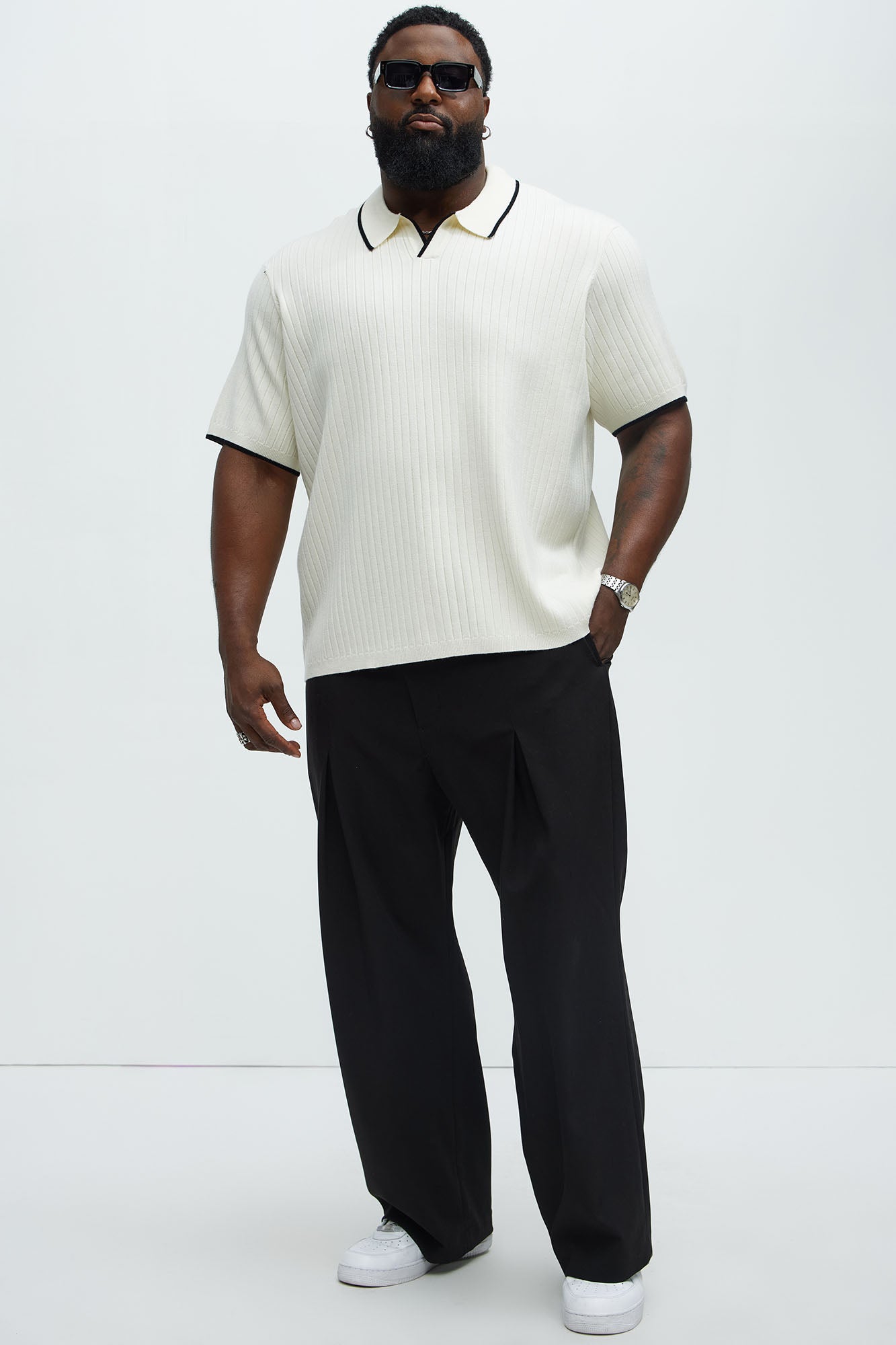 Garrison Knitted Johnny Collar Short Sleeve Polo - Cream/combo