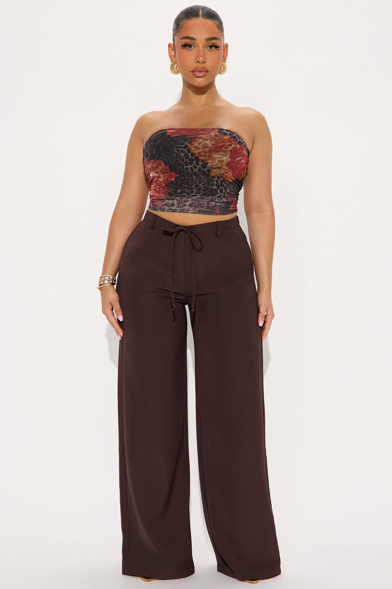 Yessica Wide Leg Twill Trouser - Chocolate