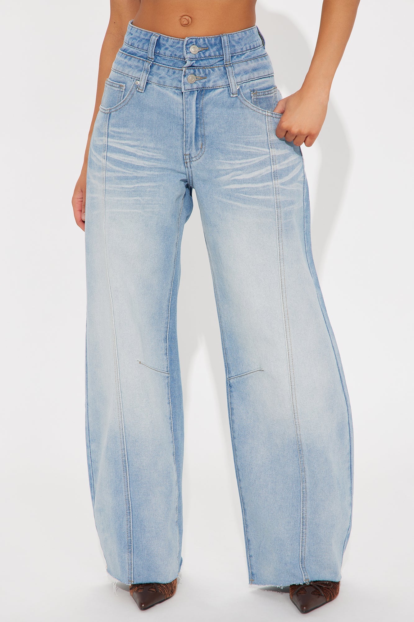 Jolie Double Waistband Wide Leg Barrel Jeans - Medium Wash