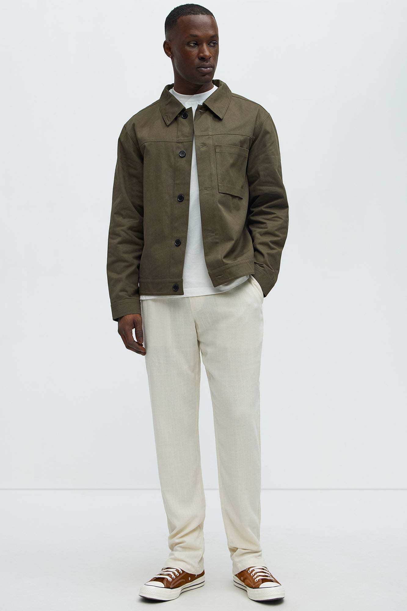 Solid Textured Linen Pull On Side Slit Pants - Cream