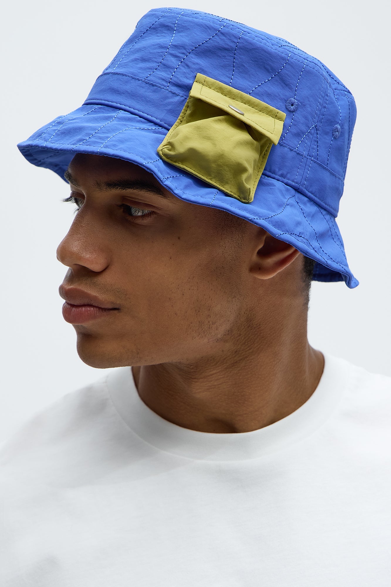 Quilted Utility Pocket Bucket Hat - Blue/combo