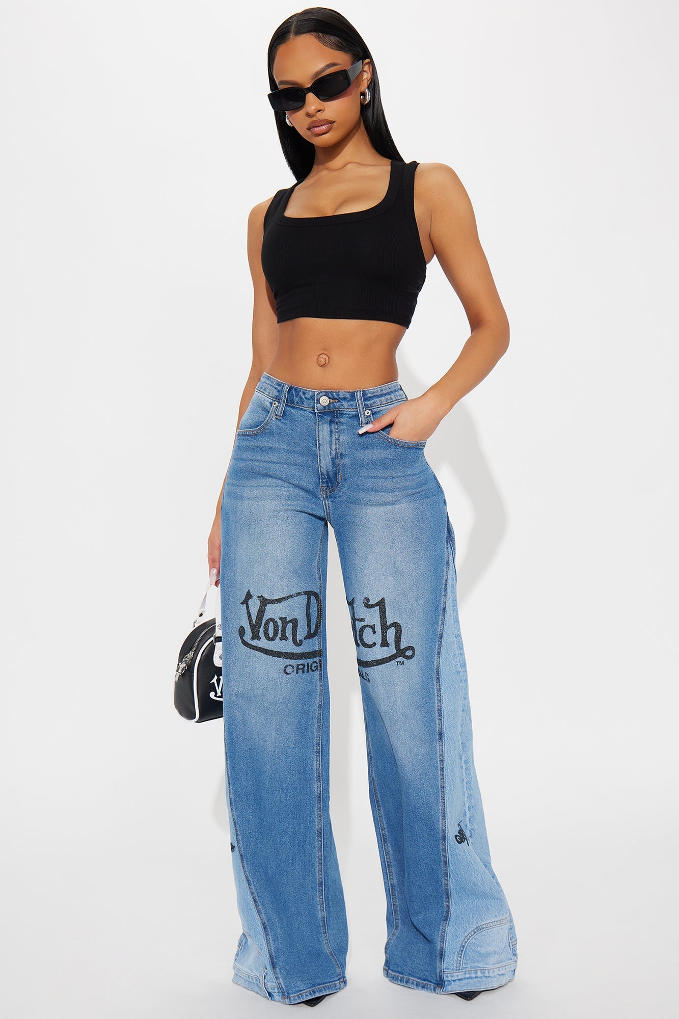 Von Dutch Two Tone Reconstructed Wide Leg Jeans - Medium Wash