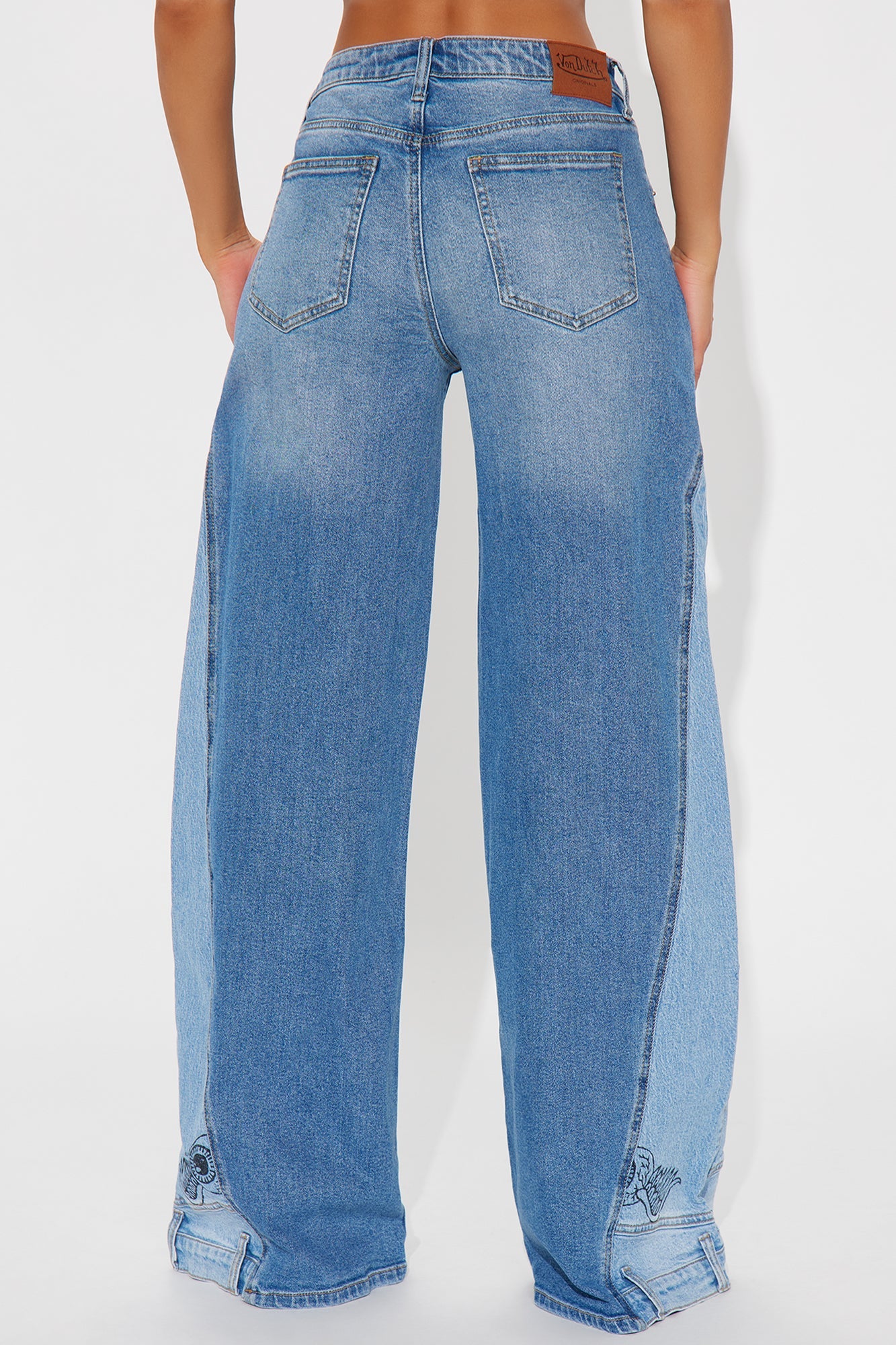 Von Dutch Two Tone Reconstructed Wide Leg Jeans - Medium Wash