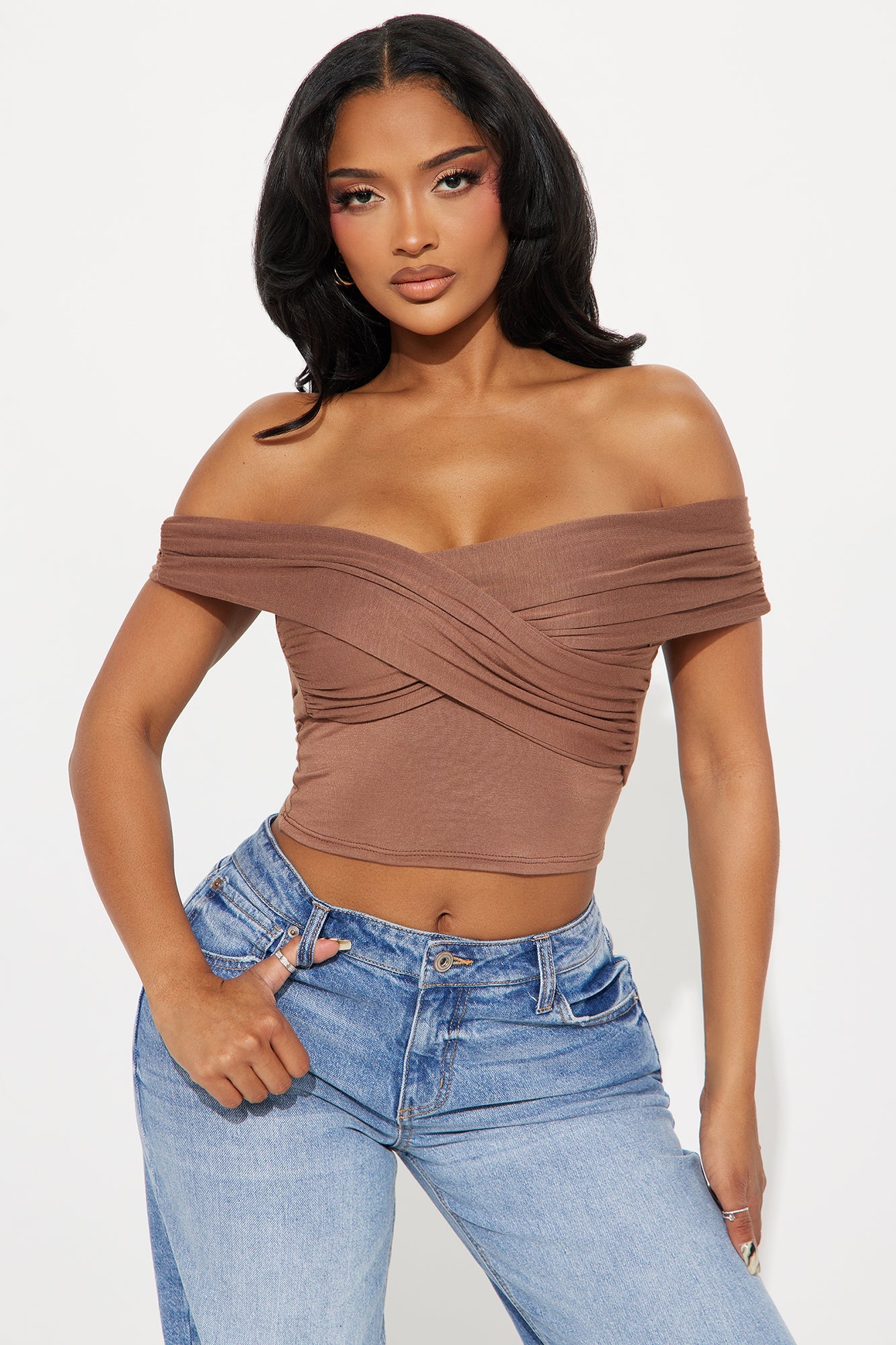 Sweetest Thing Ruched Off Shoulder Top - Chocolate