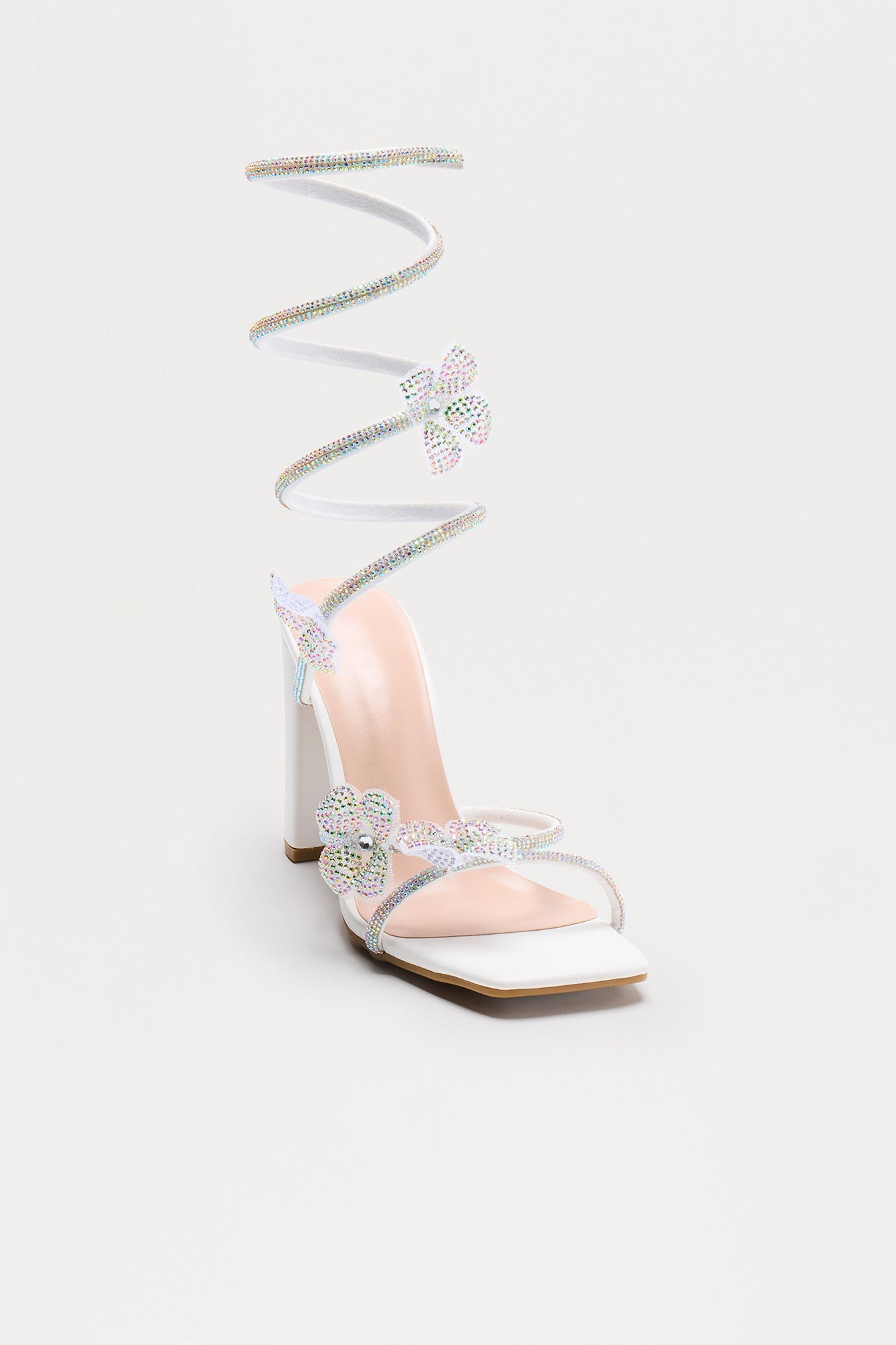 Celestial Rhinestone Flower Wrap Up Heels - White