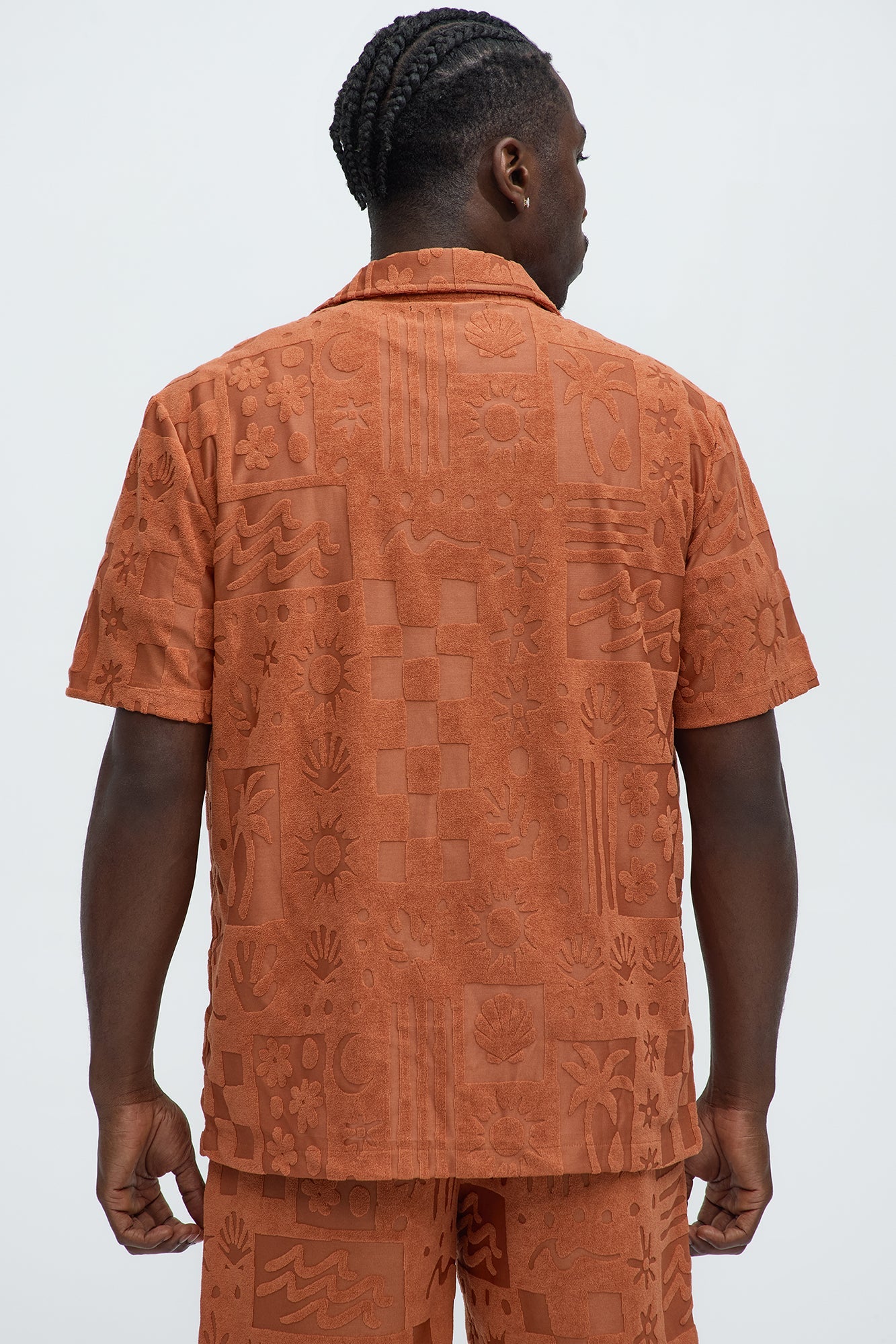 Tropical Trees Jacquard Short Sleeve Button Up Shirt - Rust
