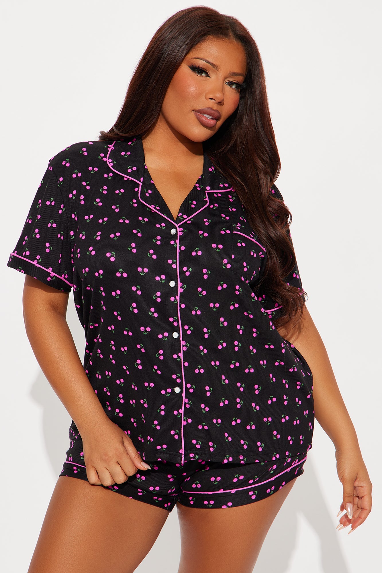Sweeter Dreams Ribbed Short Sleeve PJ Short Set - Black/Pink