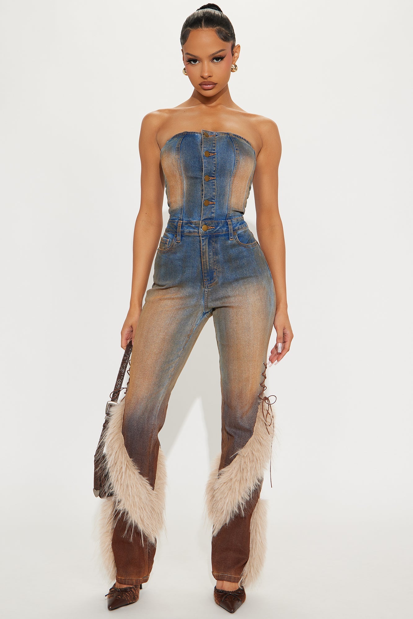 Current Mood Lace Up Faux Fur Denim Jumpsuit - Medium Wash