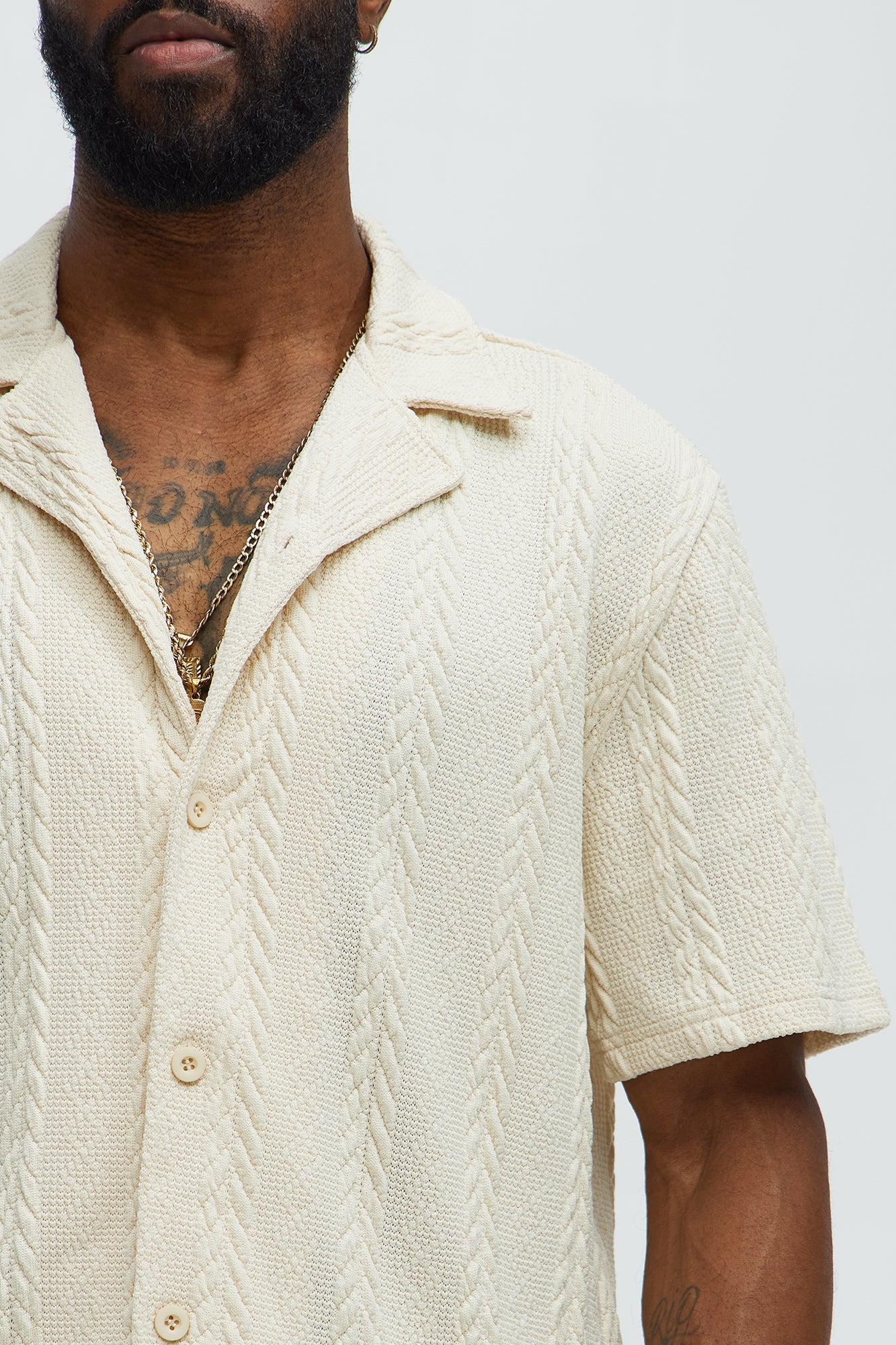 Textured Stripes Cuban Short Sleeve Button Up Shirt - Cream
