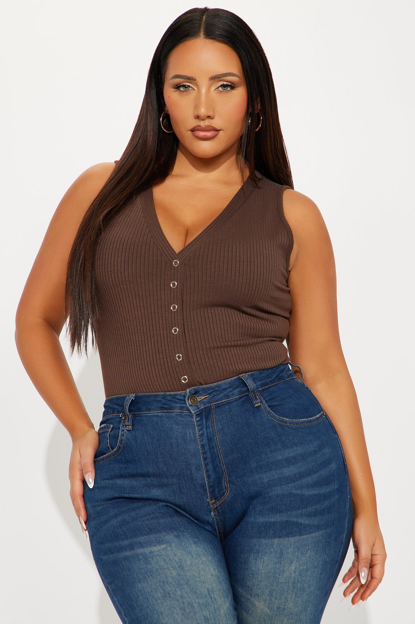 Set Free Deep V-Neck Bodysuit - Brown