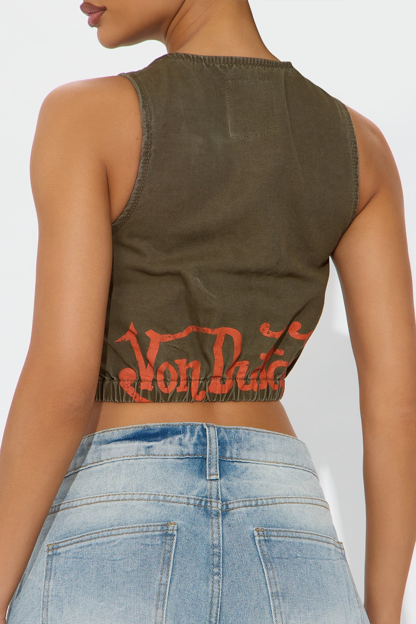 Von Dutch Patchwork Cropped Denim Vest - Olive