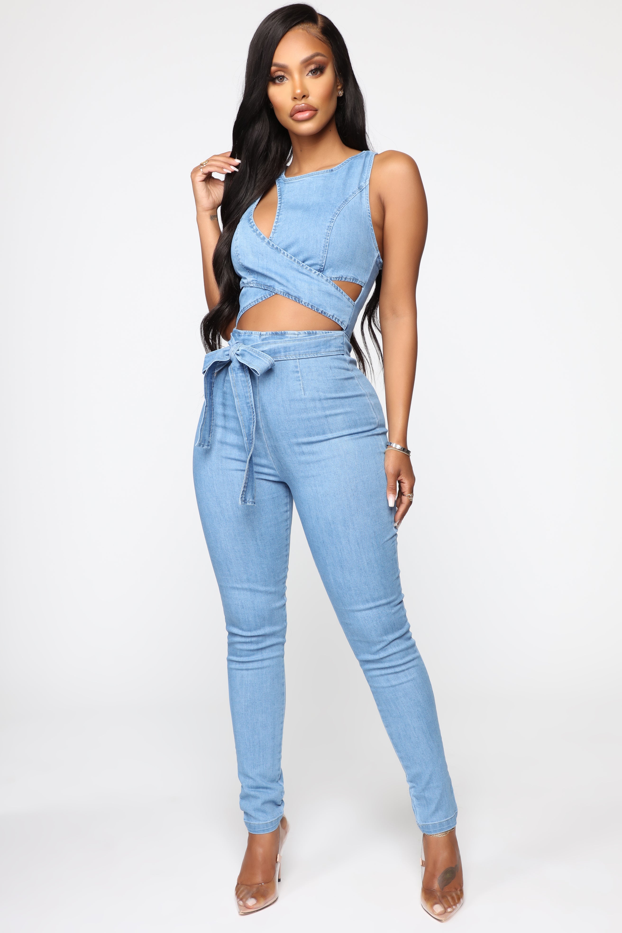 Cut Out The Haters Denim Jumpsuit - Light Wash