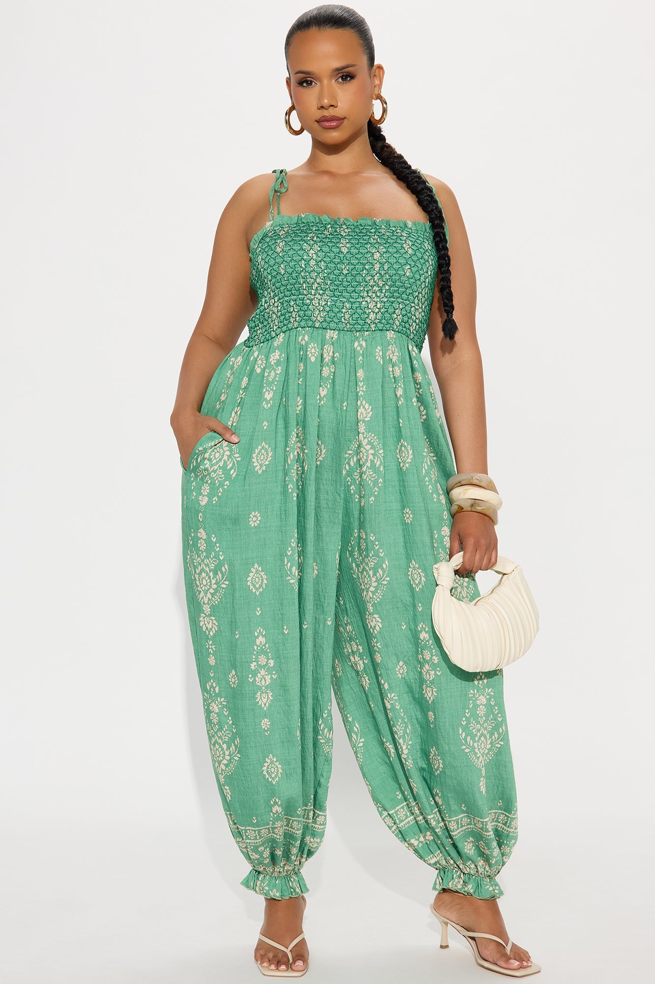 Arabella Linen Jogger Leg Jumpsuit - Green/combo