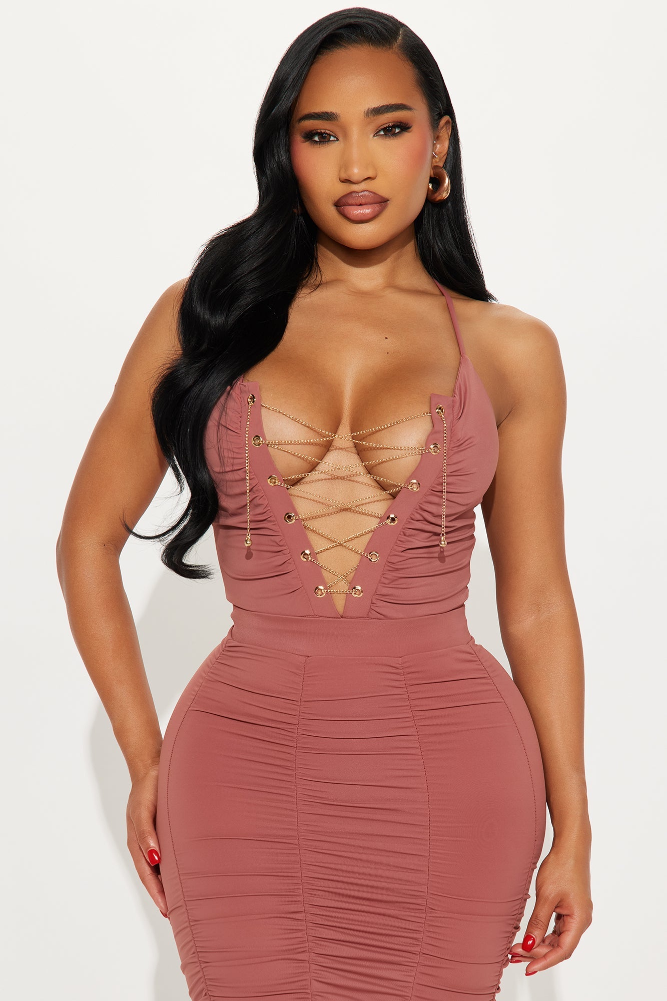 City Glow Ruched Bodysuit Maxi Skirt Set - Rust