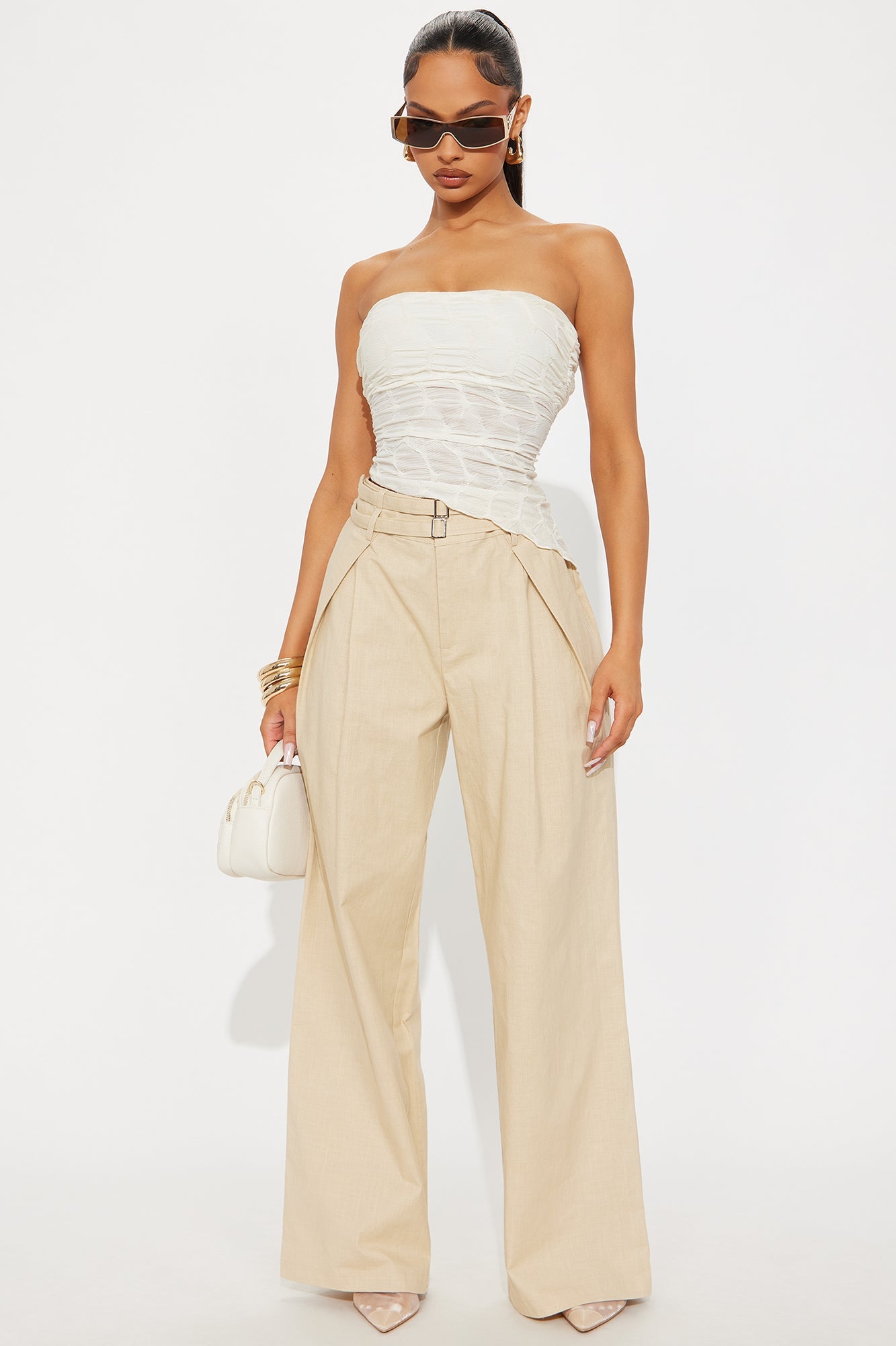 Peyton Wide Leg Double Belted Linen Pant - Khaki