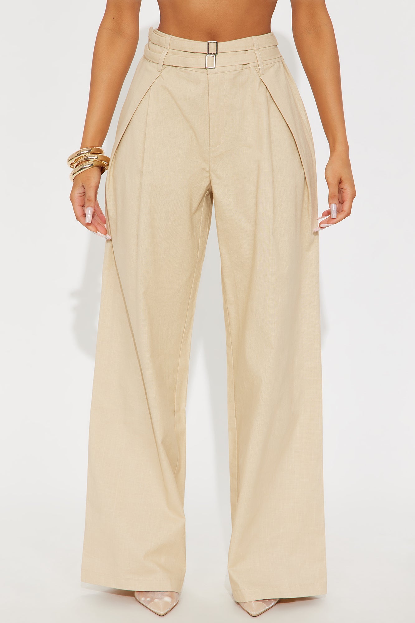 Peyton Wide Leg Double Belted Linen Pant - Khaki