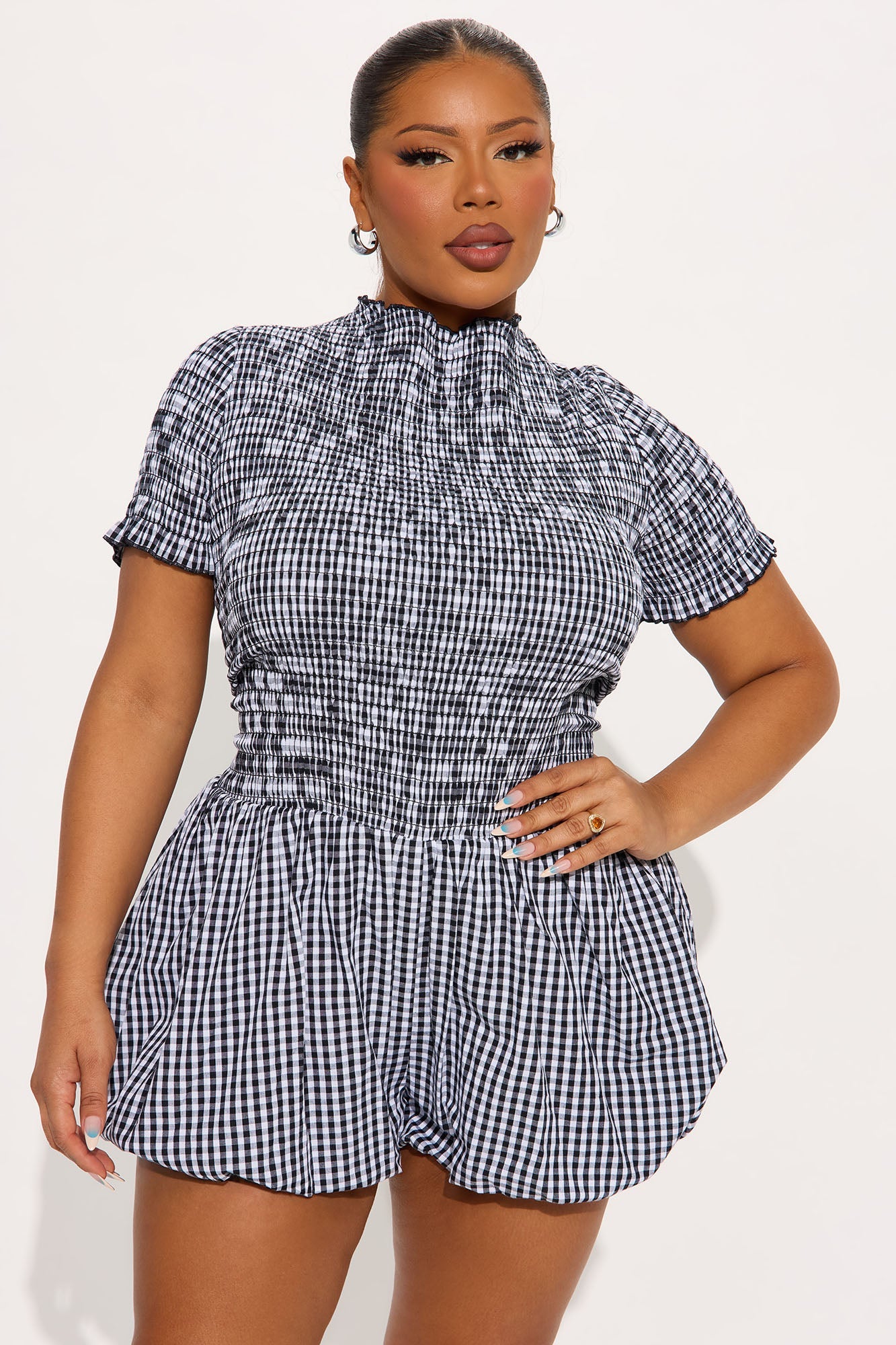 Garden Picnic Gingham Bubble Romper - Black/combo