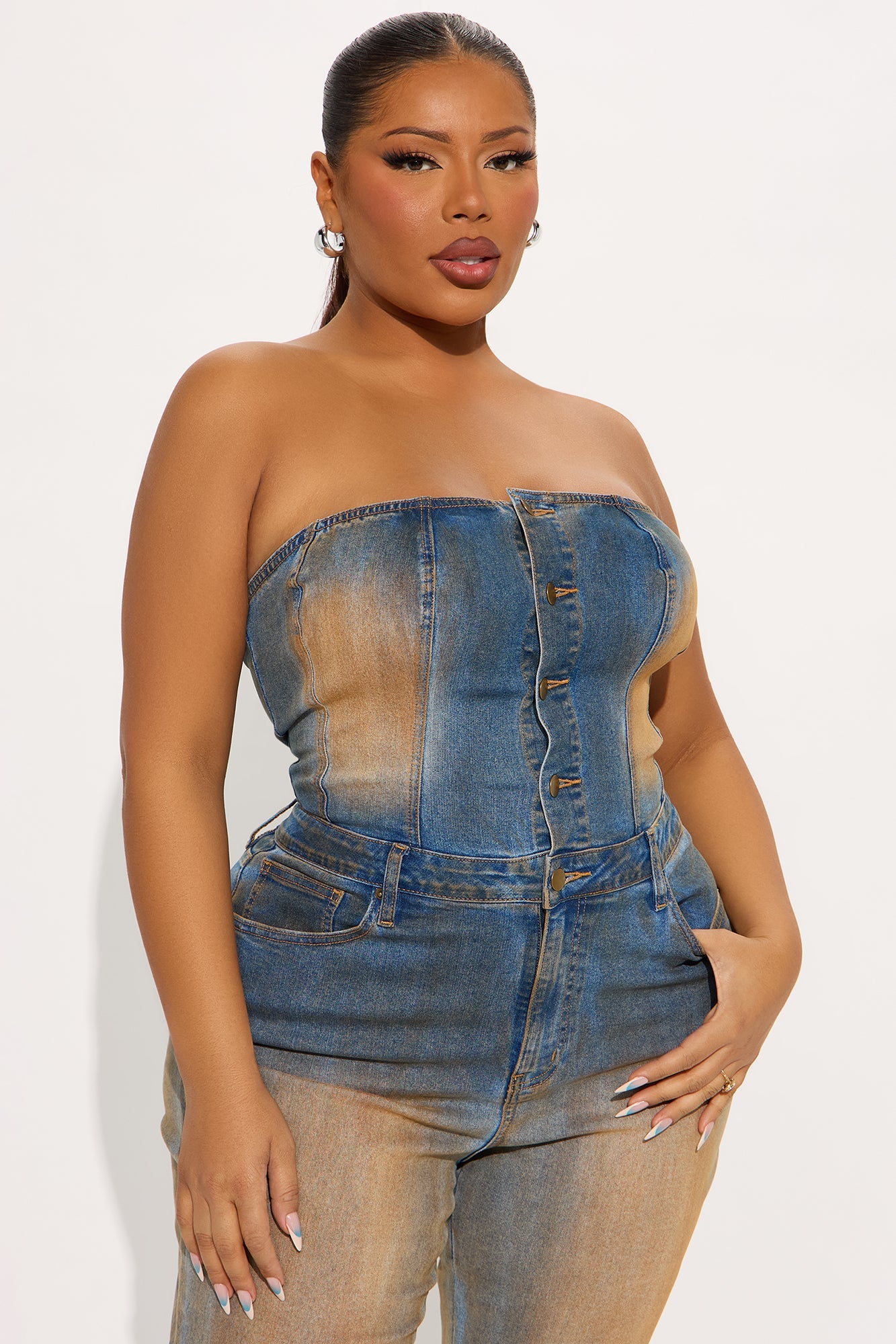Current Mood Lace Up Faux Fur Denim Jumpsuit - Medium Wash