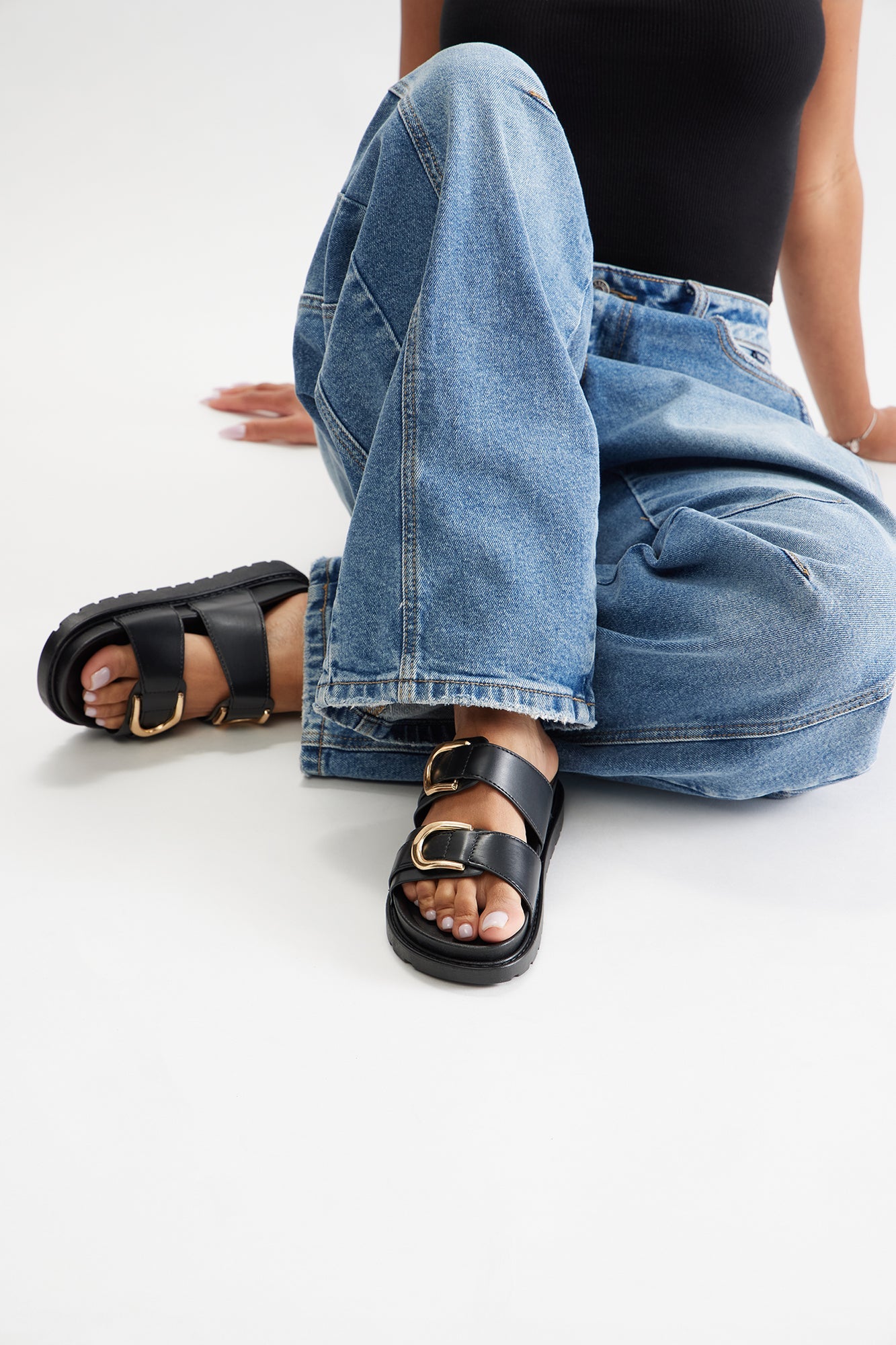 Felix Buckle Slip On Sandals - Black