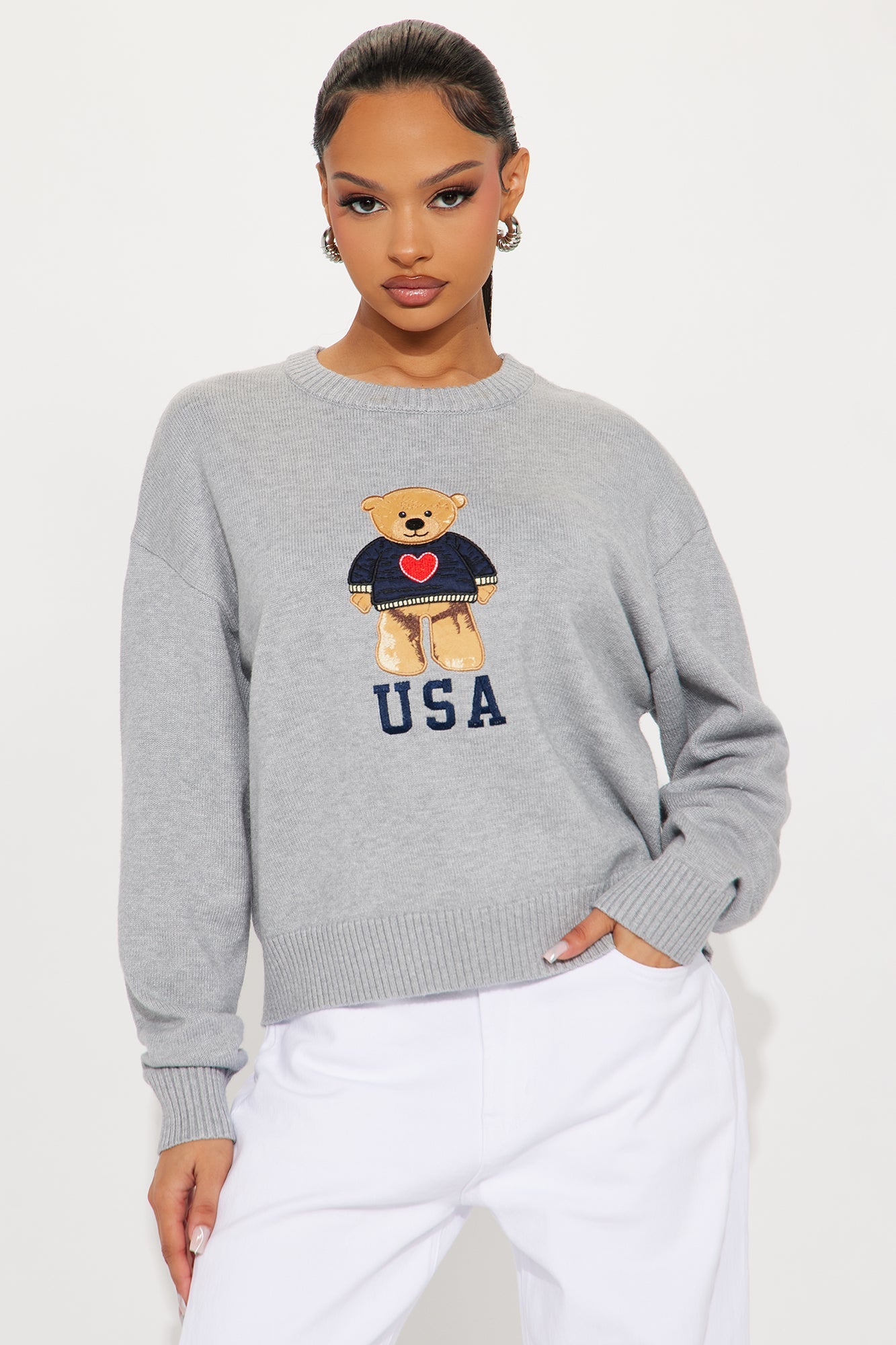 I Heart Teddy Bear USA Pullover Sweater - Grey/combo