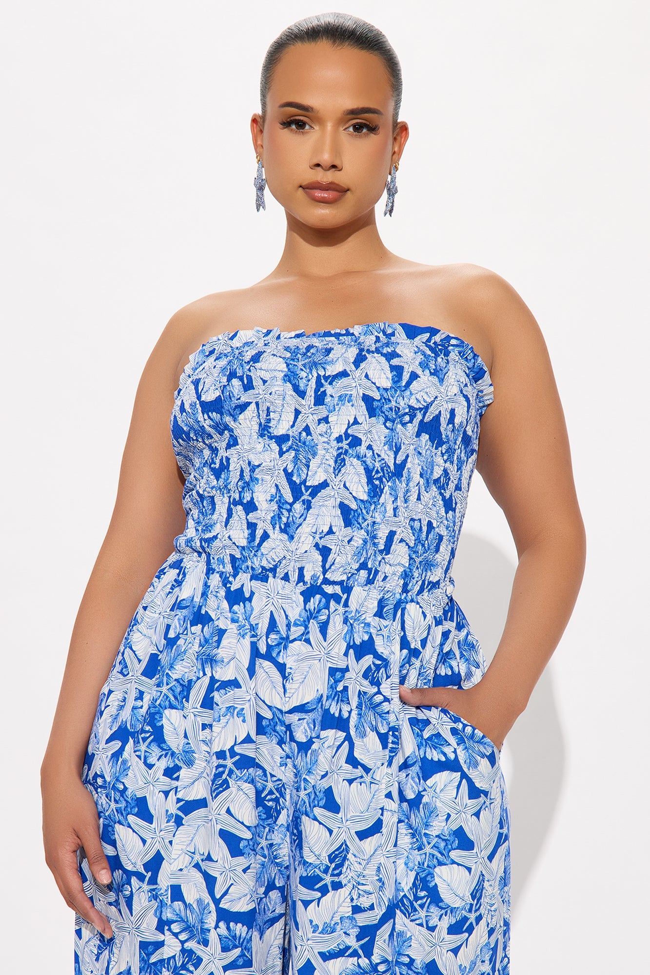 Kaylee Strapless Smocked Jumpsuit - Blue/combo