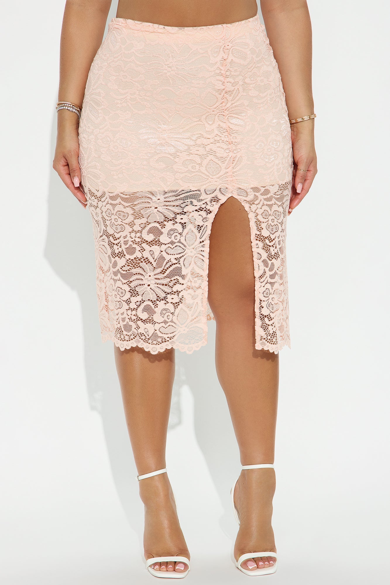 Shelly Sheer Lace Midi Skirt - Peach