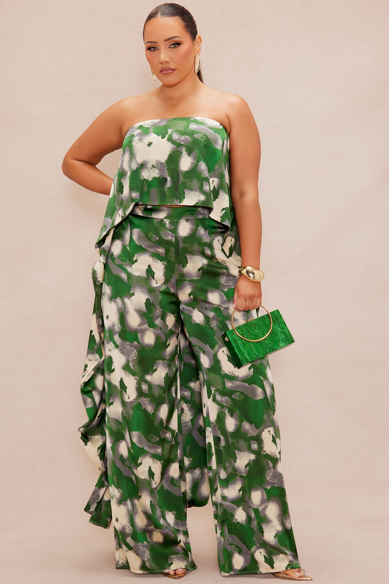 Kimoko Satin Pant Set - Green/combo