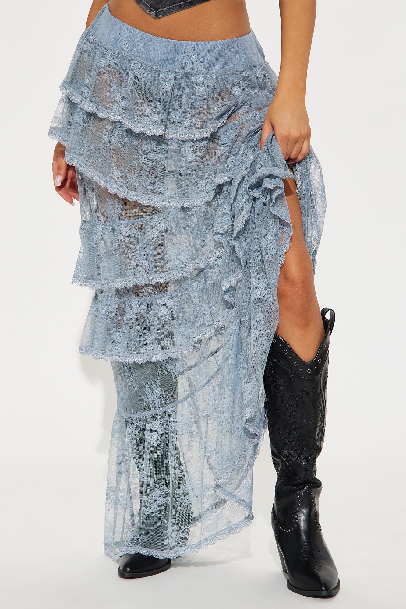 Daydreamer Sheer Lace Tiered Maxi Skirt - Light Blue