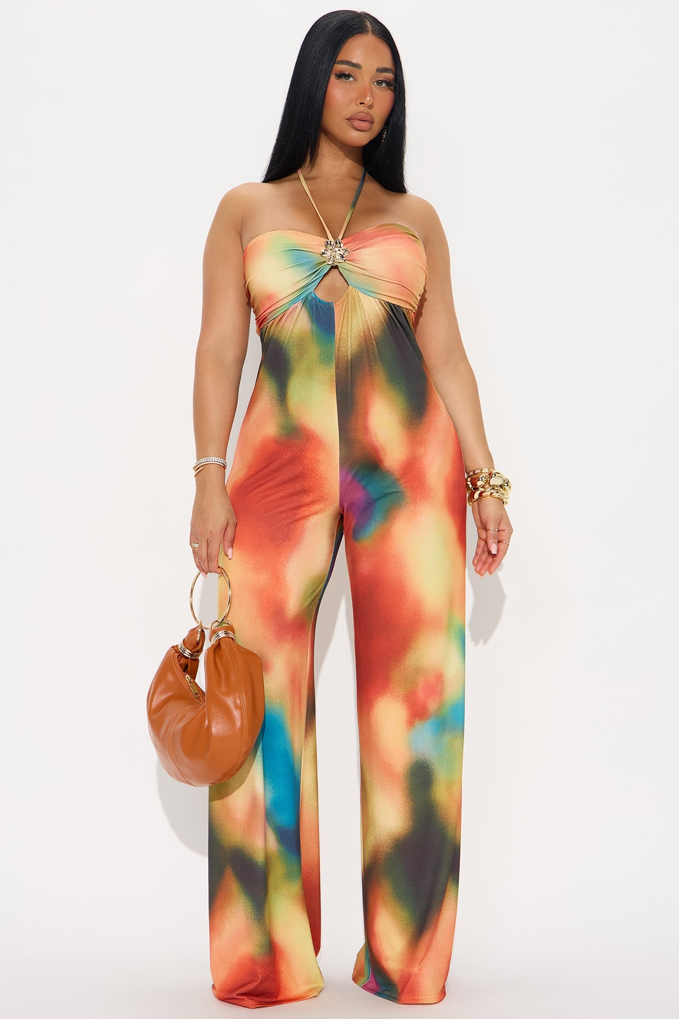 Soaking In The Rays Halter Jumpsuit - Orange/combo