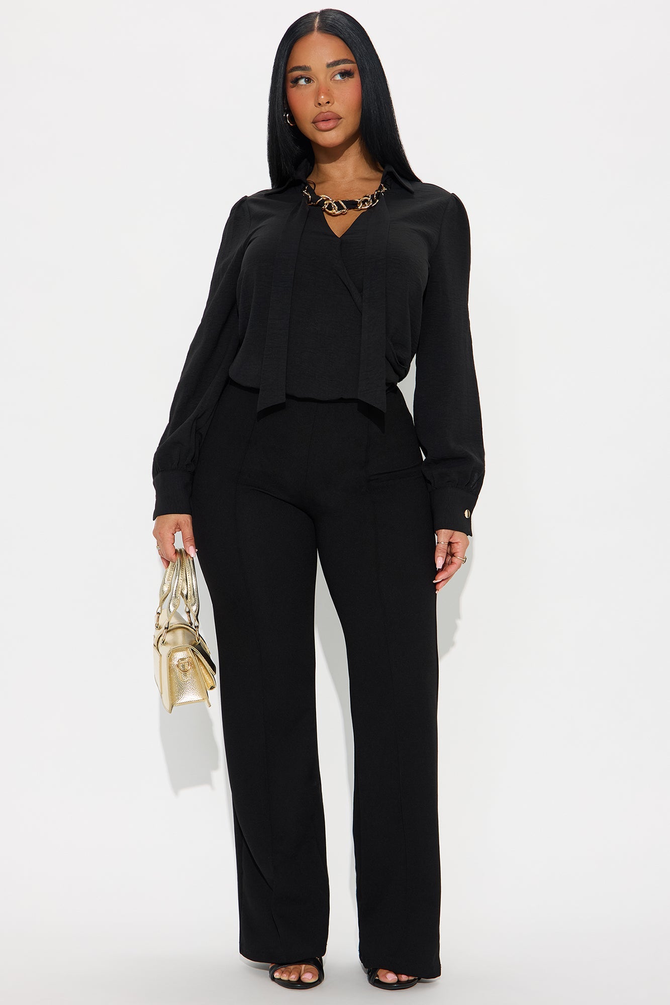 Sleek Touch Surplice Chain Blouse - Black