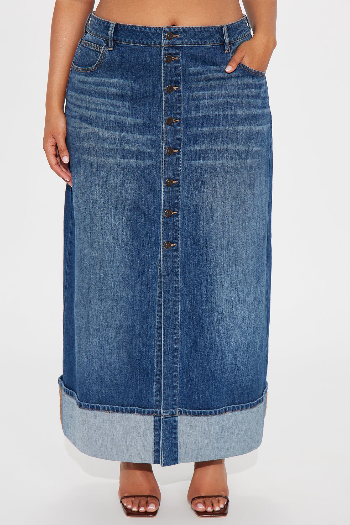 Loulou Mid Rise Denim Cuffed Hem Ankle Maxi Skirt - Medium Wash
