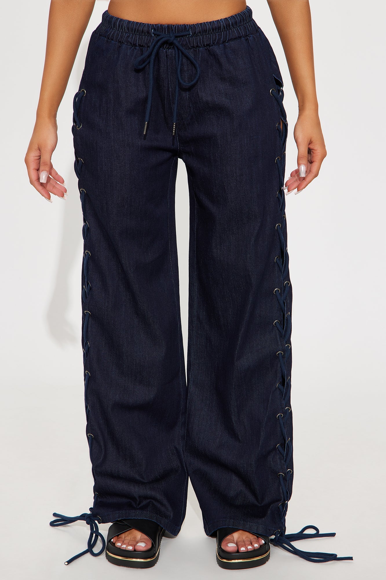 Lucky Laced Up Wide Leg Denim Jeans - Dark Wash