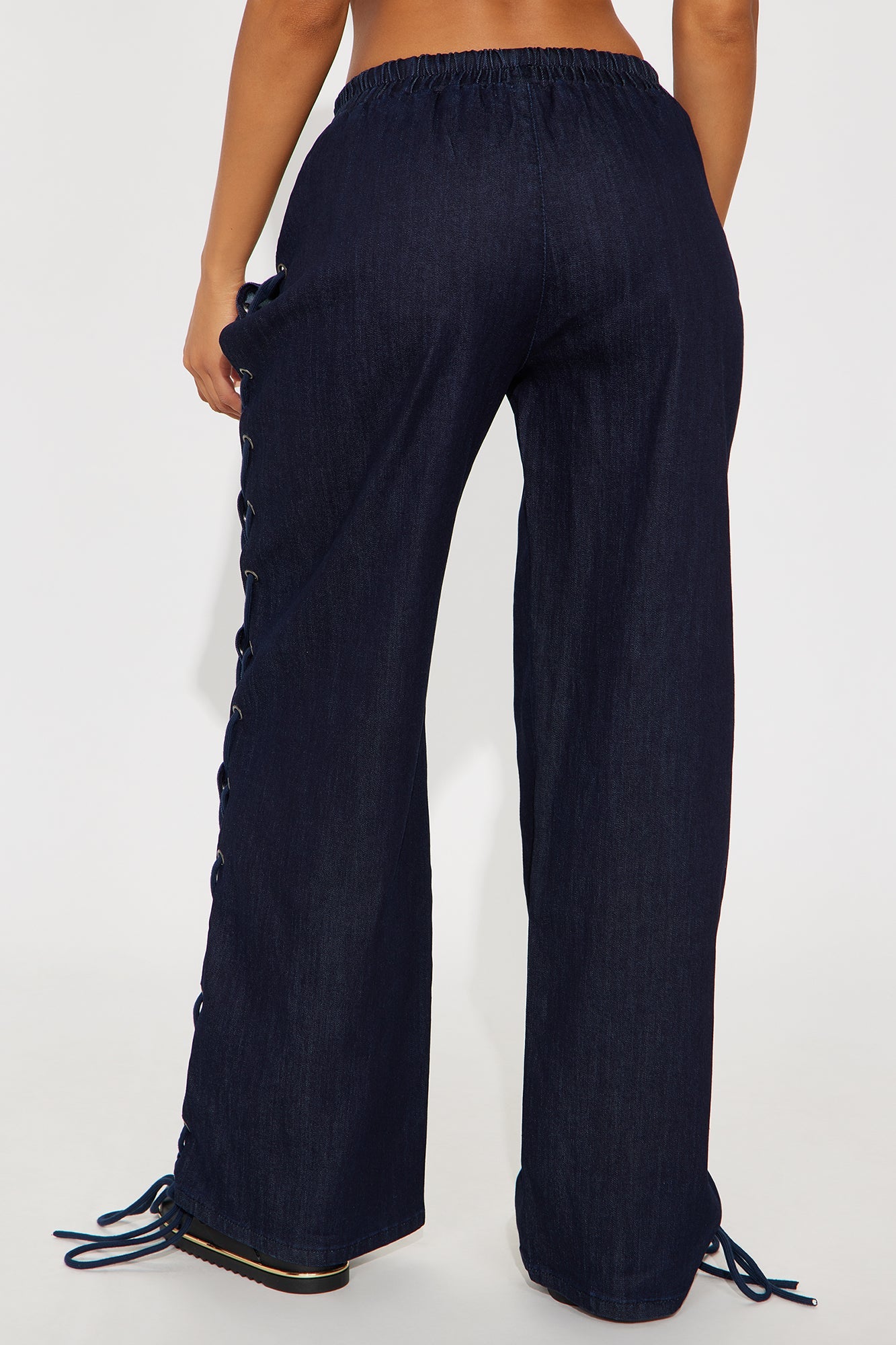 Lucky Laced Up Wide Leg Denim Jeans - Dark Wash