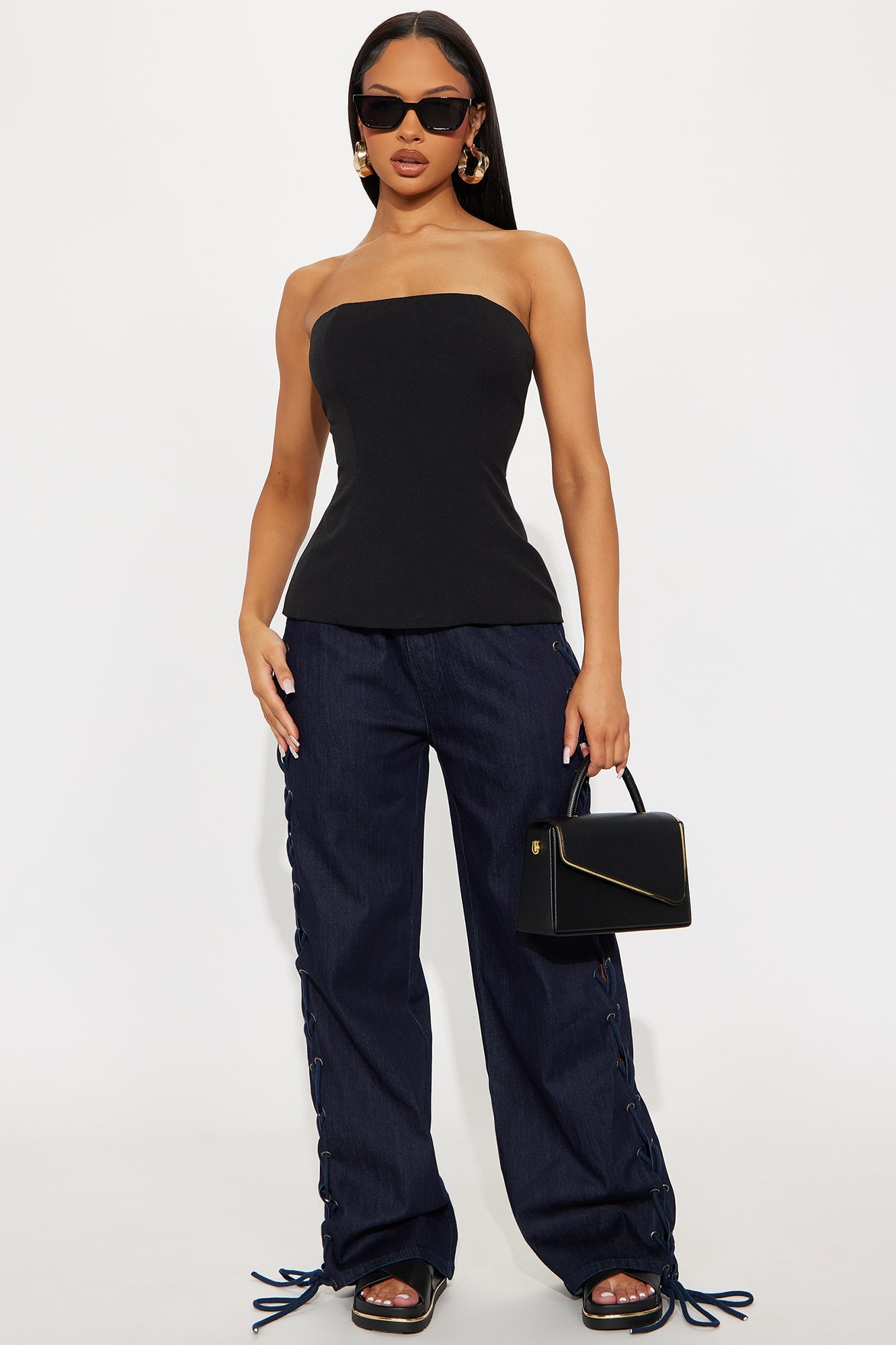 Lucky Laced Up Wide Leg Denim Jeans - Dark Wash