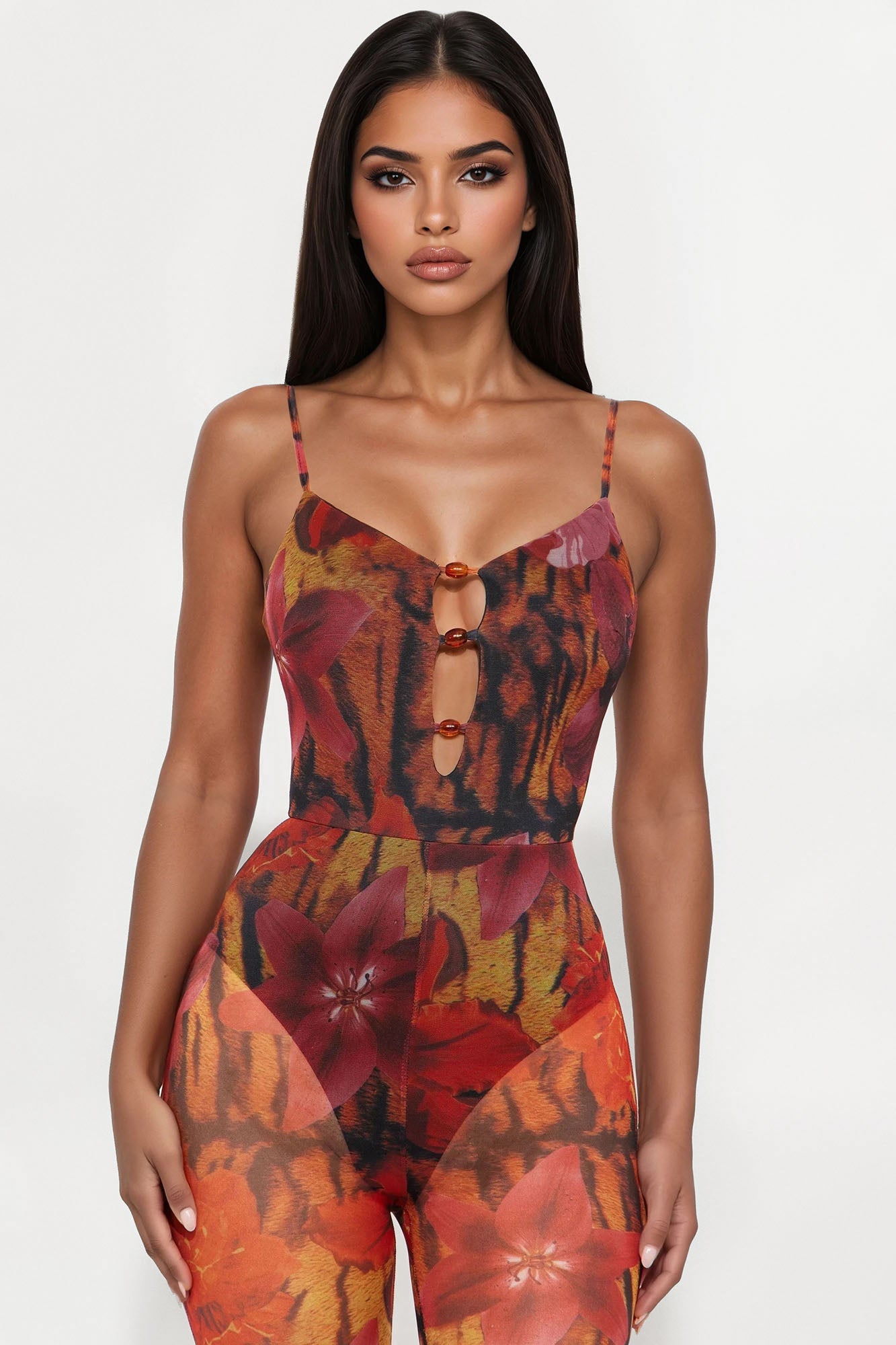 Petal Fantasy Mesh Flare Leg Jumpsuit - Rust/combo