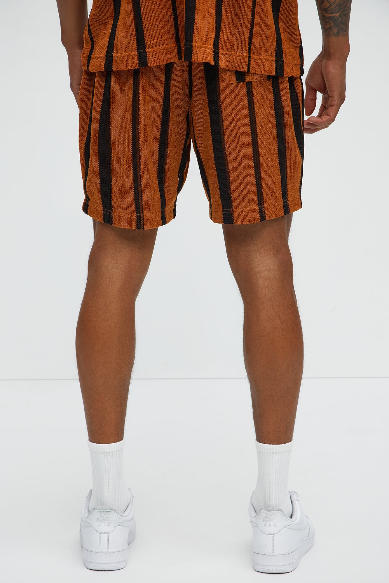 Open Knit Striped Textured Relaxed Short - Brown