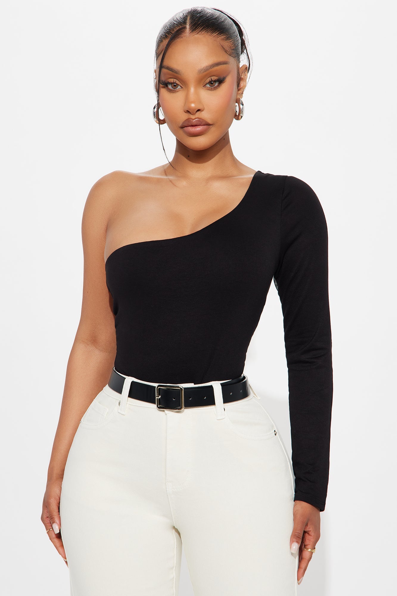 Juniper Long Sleeve One Shoulder Bodysuit - Black