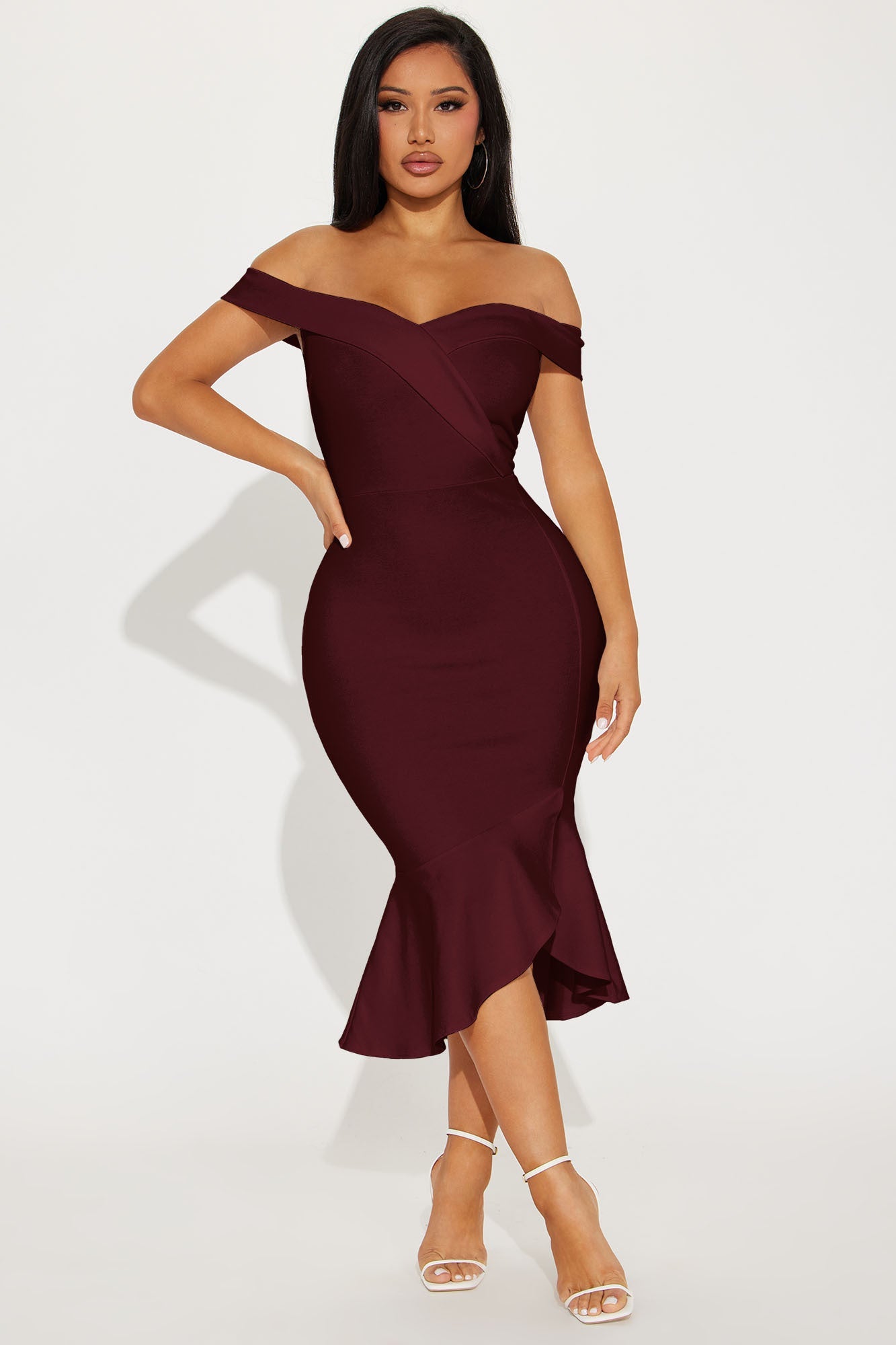 Eloise Off Shoulder Body Sculpting Midi Dress - Wine